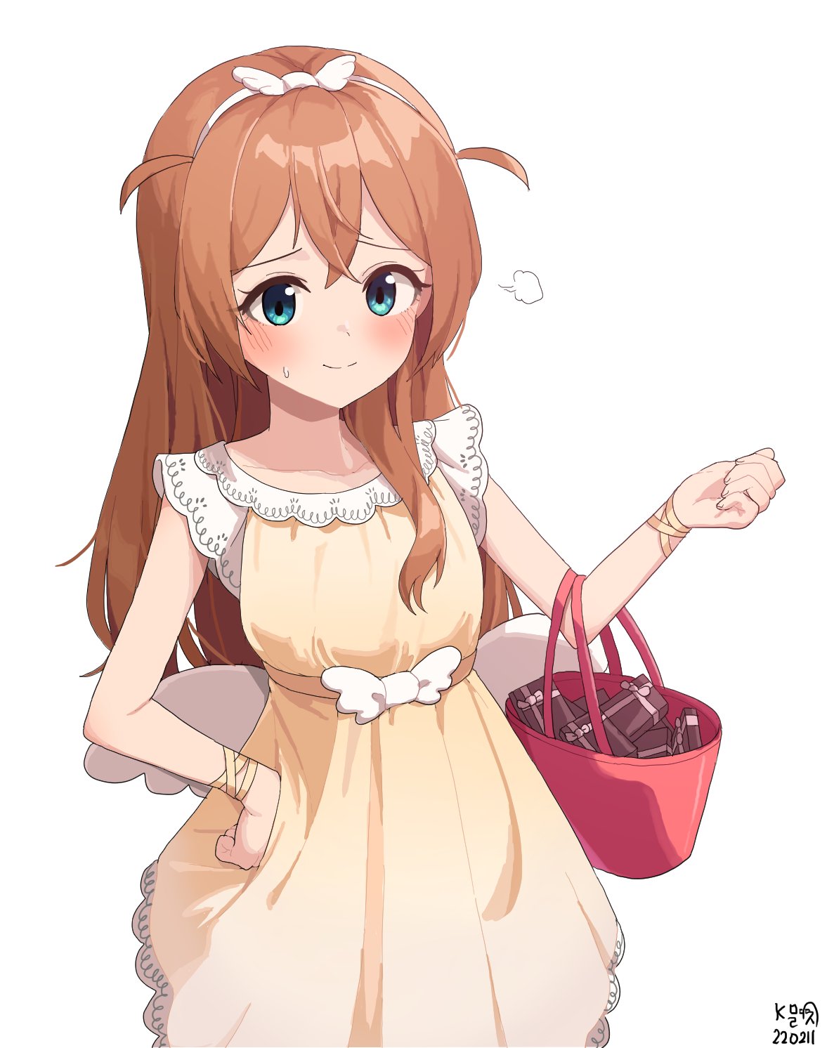 alternate_hair_length alternate_hairstyle aqua_eyes baba_konomi bag bangs beige_dress blush box box_of_chocolates breasts collarbone commentary_request eyebrows hairband hand_on_hip hand_up highres idolmaster idolmaster_million_live! idolmaster_million_live!_theater_days long_hair looking_at_viewer myeolchi red_bag ribbon small_breasts smile solo sweat white_background wing_hair_ornament wings wrist_ribbon
