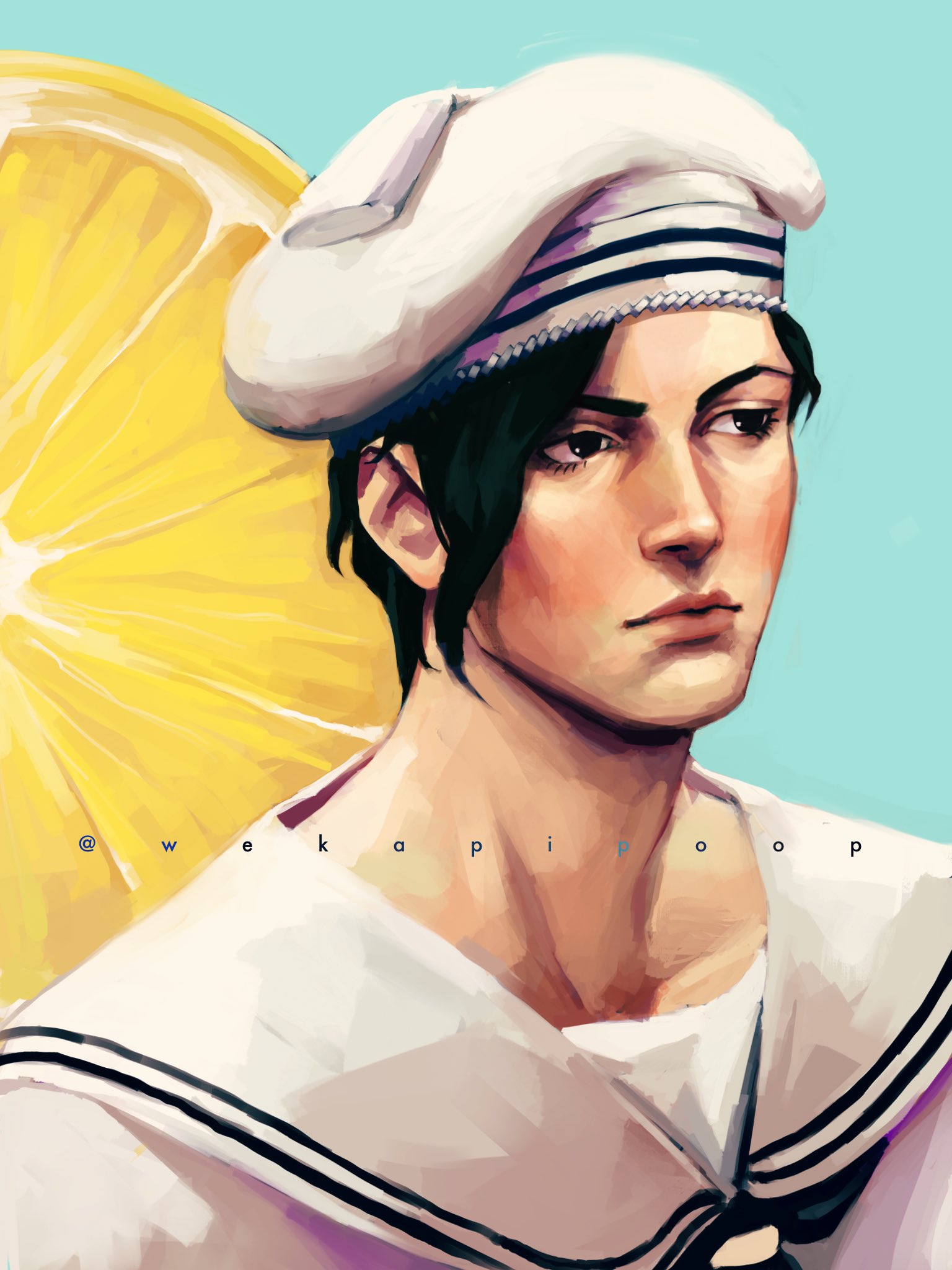 1boy artist_name black_hair blue_background dixie_cup_hat food fruit hat highres jojo_no_kimyou_na_bouken jojolion kira_yoshikage_(jojolion) lemon male_focus military_hat sailor sailor_collar sailor_hat solo zookhini