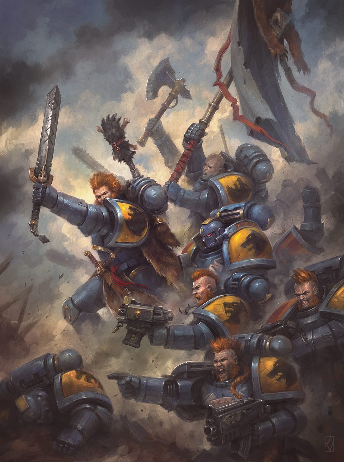 adeptus_astartes armor axe beard bolter dabanaworks facial_hair gauntlets gun highres holding holding_weapon multiple_boys open_mouth pauldrons power_armor redhead short_hair shoulder_armor space_wolves sword war warhammer_40k weapon