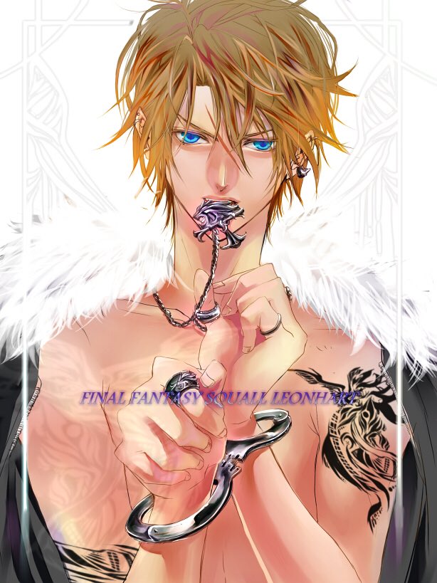 1boy bangs black_jacket blue_eyes brown_hair chain_necklace cuffs earrings eni_(yoyogieni) final_fantasy final_fantasy_viii handcuffs jacket jewelry medium_hair multiple_rings parted_bangs ring scar scar_on_face single_earring solo squall_leonhart square_enix tattoo upper_body