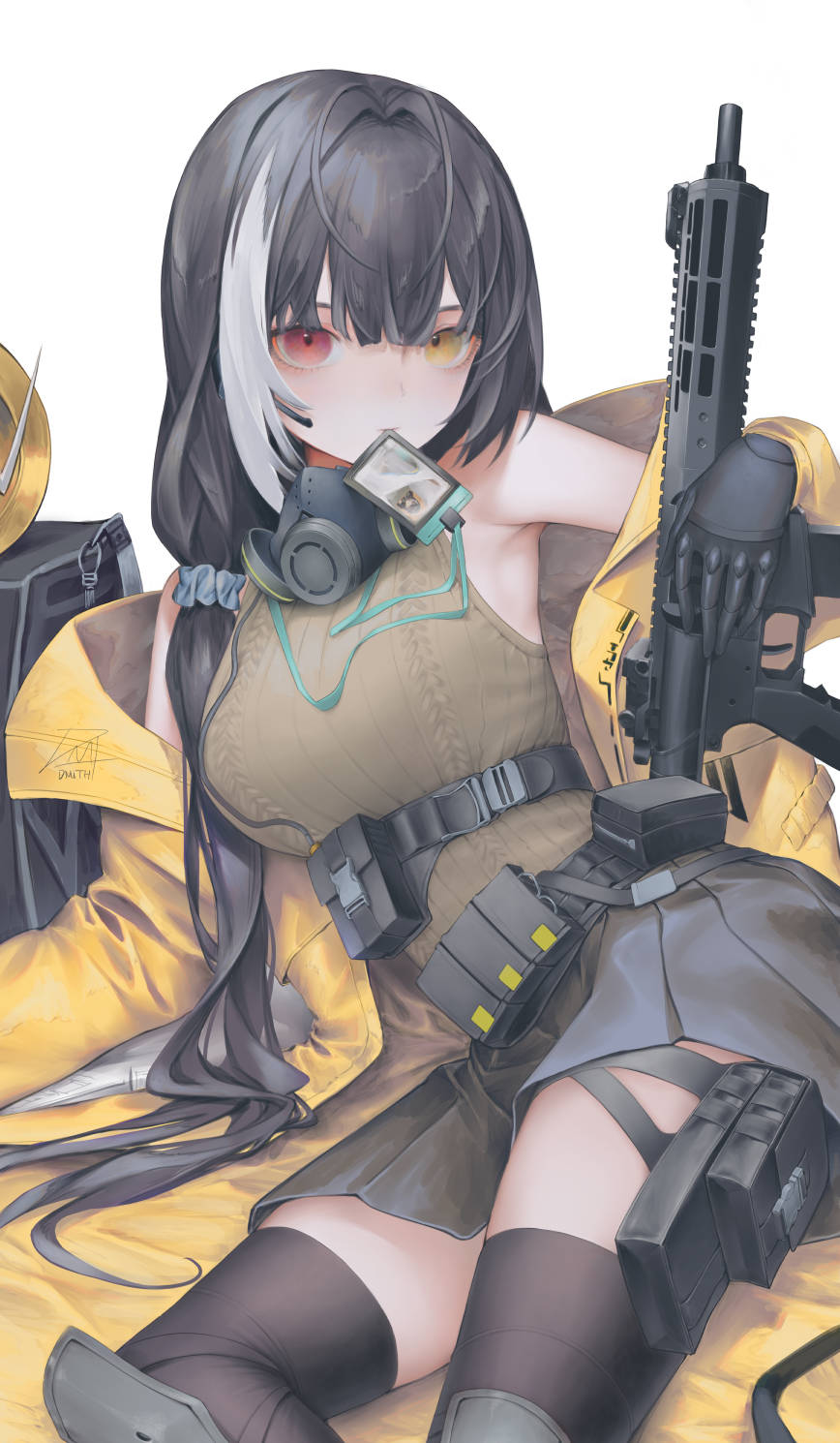 1girl bangs black_gloves black_hair black_skirt breasts dmith english_commentary feet_out_of_frame girls_frontline gloves gun heterochromia highres holding holding_gun holding_weapon id_card in_mouth jacket knee_pads lanyard long_hair looking_at_viewer lying mask mask_around_neck mod3_(girls'_frontline) multicolored_hair open_clothes open_jacket pleated_skirt red_eyes ro635 ro635_(girls'_frontline) skirt solo streaked_hair weapon white_background white_hair yellow_eyes yellow_jacket