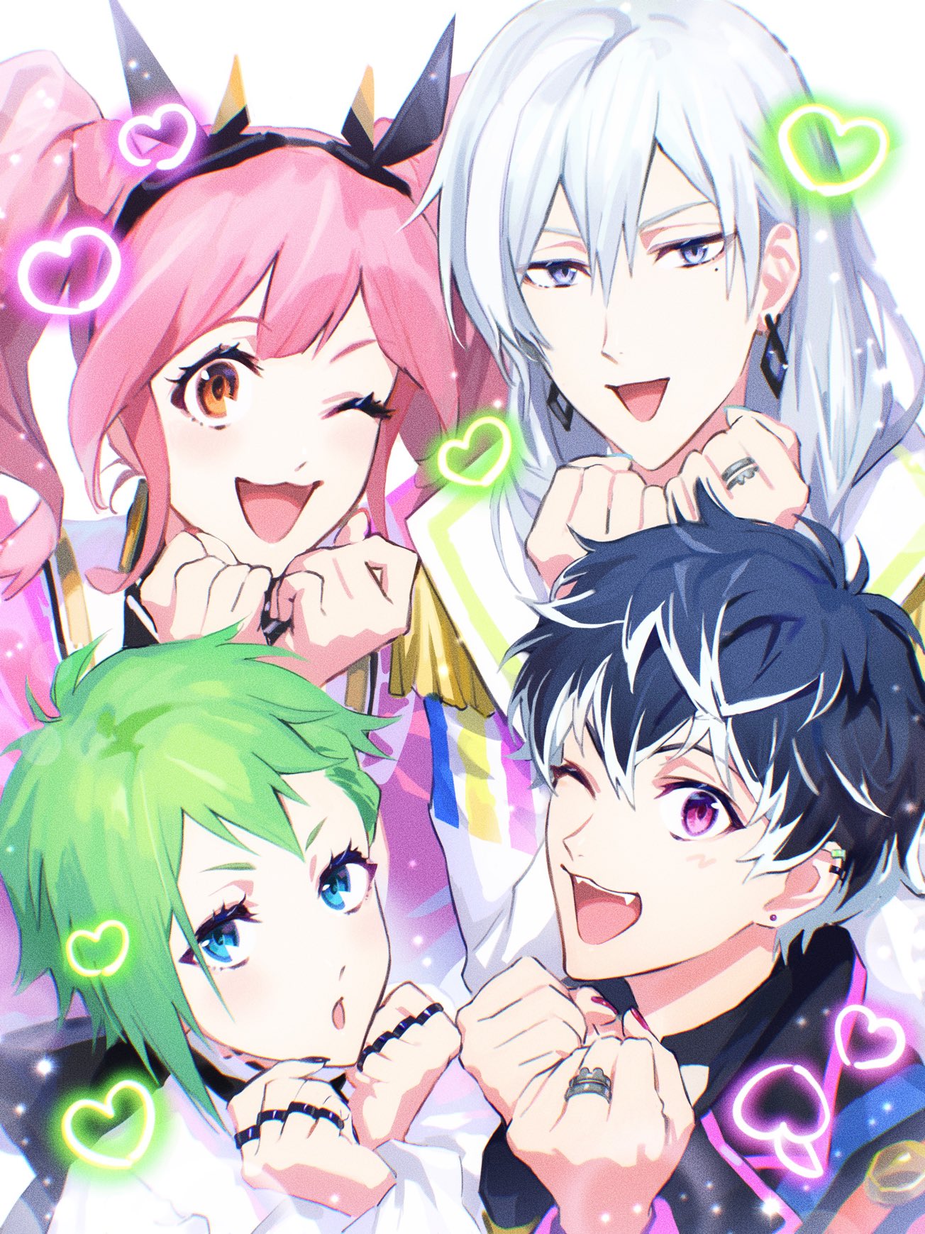 2boys 2girls :3 :o black_hair black_shirt blue_eyes brown_hair clenched_hands crossover fangs green_hair grey_hair heart highres idolish_7 macross macross_delta makina_nakajima mole mole_under_eye momo_(idolish_7) mosako multiple_boys multiple_girls one_eye_closed open_mouth pink_hair reina_prowler shirt smile twintails violet_eyes white_background yuki_(idolish_7)