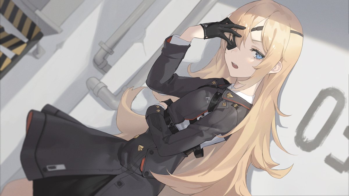 1girl black_eyepatch black_gloves black_skirt blonde_hair blue_eyes caution character_request clothing_request crack cracked_wall eyepatch film_grain gloves goddess_of_victory:_nikke hair_between_eyes half_gloves long_hair looking_at_viewer open_mouth pipes project_nikke seon_(seonon_) skirt solo teeth upper_teeth very_long_hair