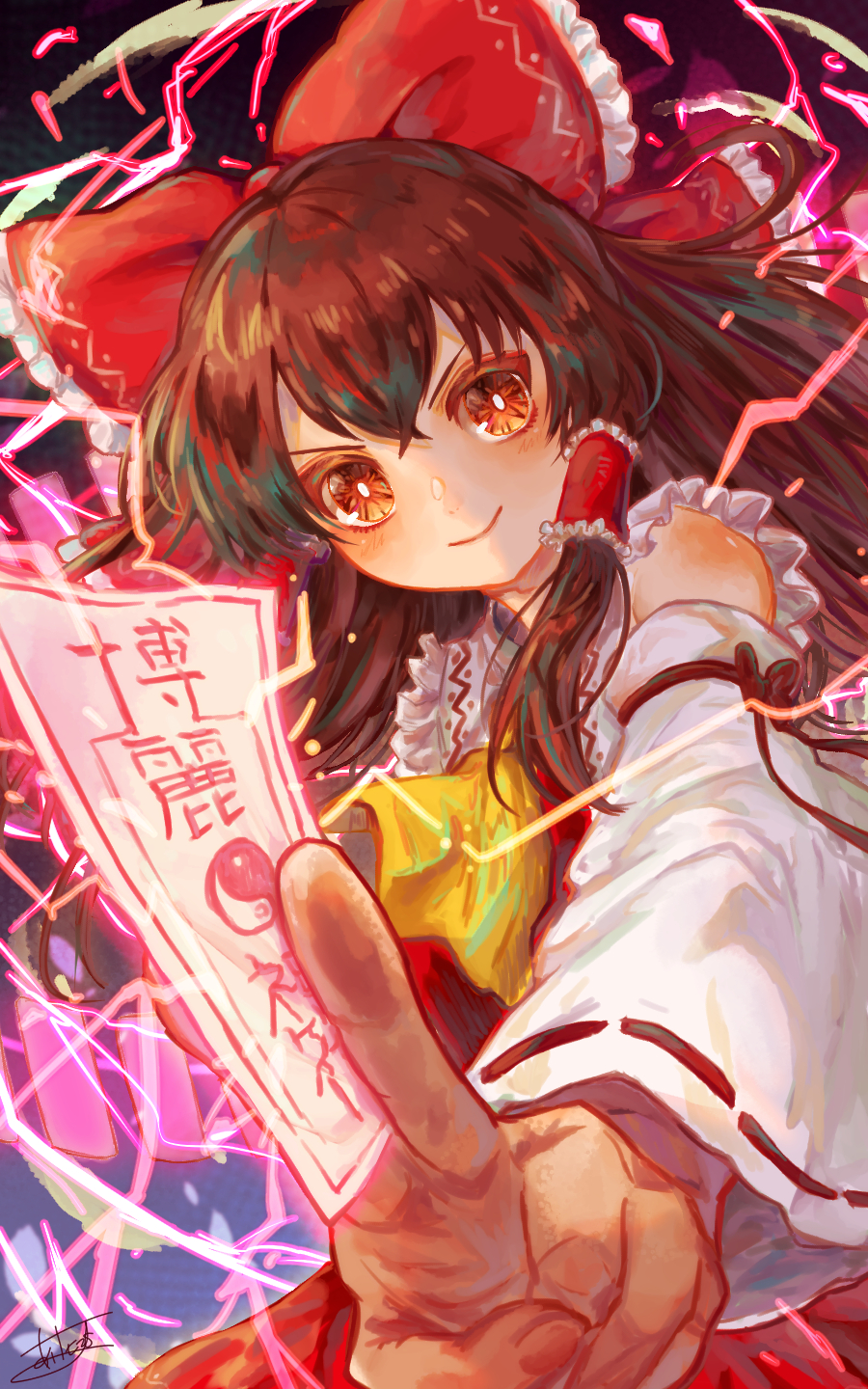 1girl ascot bangs bow brown_eyes brown_hair closed_mouth collared_vest dutch_angle electricity frilled_bow frills hair_bow hair_tubes hakurei_reimu happy highres kaibara_akehiko long_hair long_sleeves ofuda red_bow red_skirt red_vest ribbon-trimmed_sleeves ribbon_trim sidelocks skirt smile touhou v-shaped_eyebrows vest wide_sleeves yellow_ascot