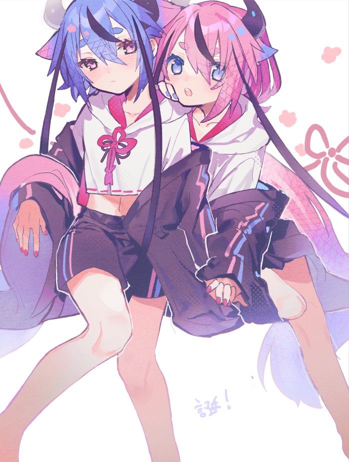 2others black_jacket black_shorts blue_eyes blue_hair blue_nails colored_tips cropped_hoodie gradient_hair hair_flaps hand_on_another's_shoulder head_on_another's_shoulder hood hoodie jacket light_blush looking_at_viewer meika_hime meika_mikoto mismatched_nail_polish miwasiba multicolored_hair multiple_others open_clothes open_jacket open_mouth pink_eyes pink_hair red_nails red_ribbon ribbon shirt shorts thick_eyebrows two-tone_hair vocaloid white_background white_shirt