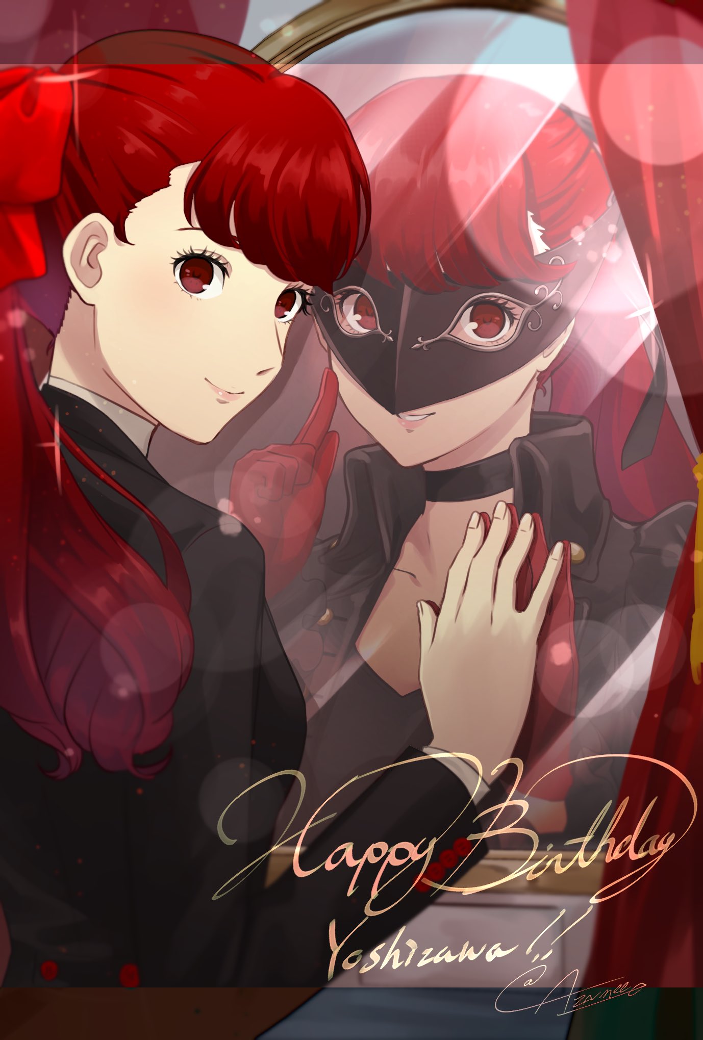 2girls aznmeee bangs black_choker black_jacket black_mask black_ribbon bow choker closed_mouth collarbone commentary_request curtains different_reflection dual_persona english_text from_behind gloves grin hair_bow hair_ribbon happy_birthday highres index_finger_raised jacket lips long_hair long_sleeves looking_at_viewer mask masked mirror mirror_image multiple_girls open_clothes open_jacket parted_lips persona persona_5 persona_5_the_royal pink_lips ponytail red_bow red_eyes red_gloves redhead reflection ribbon school_uniform shuujin_academy_uniform signature smile uniform upper_body yoshizawa_kasumi
