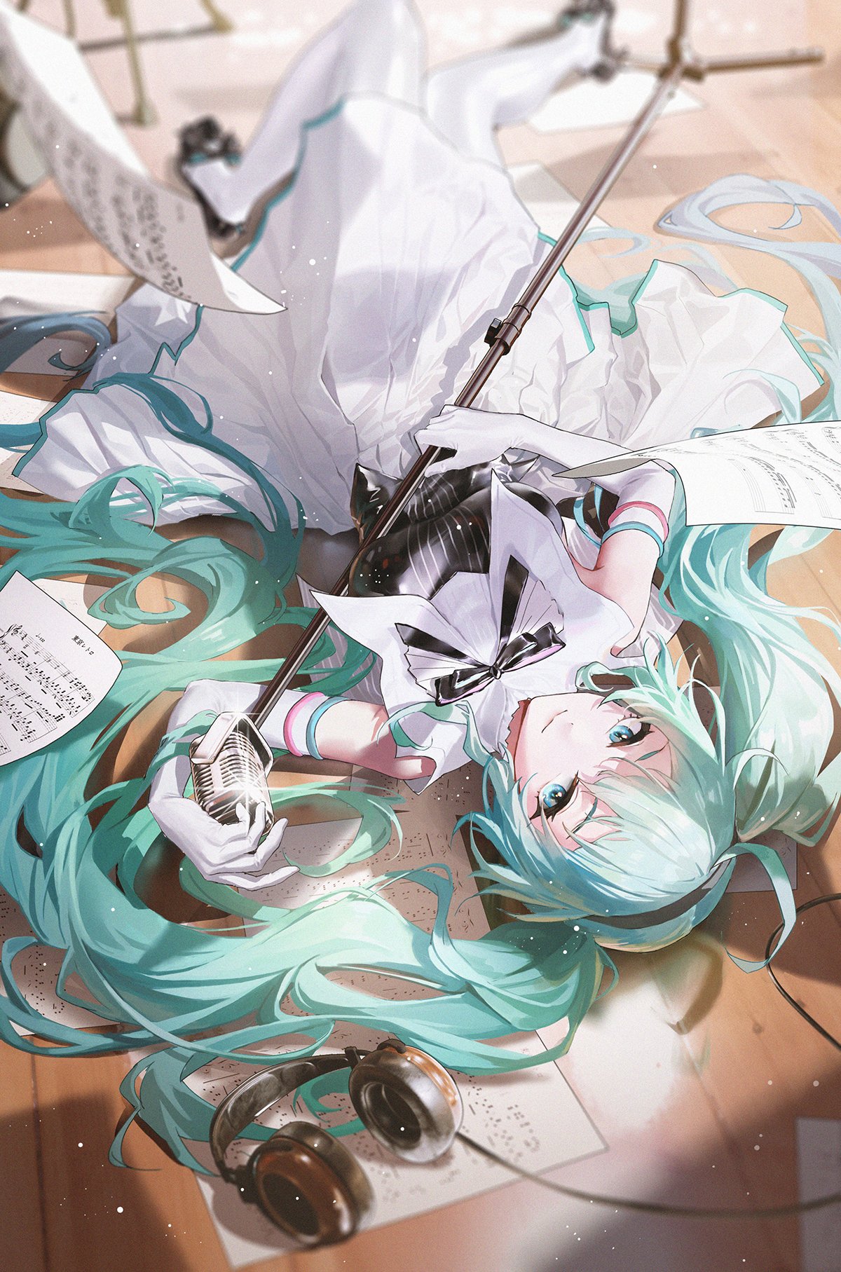 1girl aqua_eyes aqua_hair bangs black_footwear black_ribbon black_shirt blurry blurry_background breasts closed_mouth commentary depth_of_field elbow_gloves english_commentary floor flying_paper frills from_above glint gloves hair_between_eyes hatsune_miku headphones high_heels highres holding holding_microphone_stand indoors light_particles long_hair long_skirt looking_at_viewer lying medium_breasts microphone microphone_stand neck_ribbon on_back pantyhose paper pleated_skirt ribbon shiny shiny_clothes shirt skirt smile solo striped striped_shirt ttk_(kirinottk) twintails upside-down vertical-striped_shirt vertical_stripes vocaloid white_gloves white_legwear white_skirt