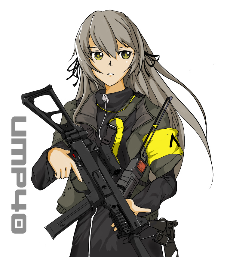 1girl armband bangs black_ribbon brown_hair character_name commentary_request expressionless girls_frontline green_jacket grey_hair gun h&amp;k_ump40 hair_between_eyes hair_ribbon jacket long_hair long_sleeves looking_at_viewer open_clothes open_jacket parted_lips ribbon simple_background ump40_(girls'_frontline) upper_body walkie-talkie weapon white_background xlplace yellow_eyes