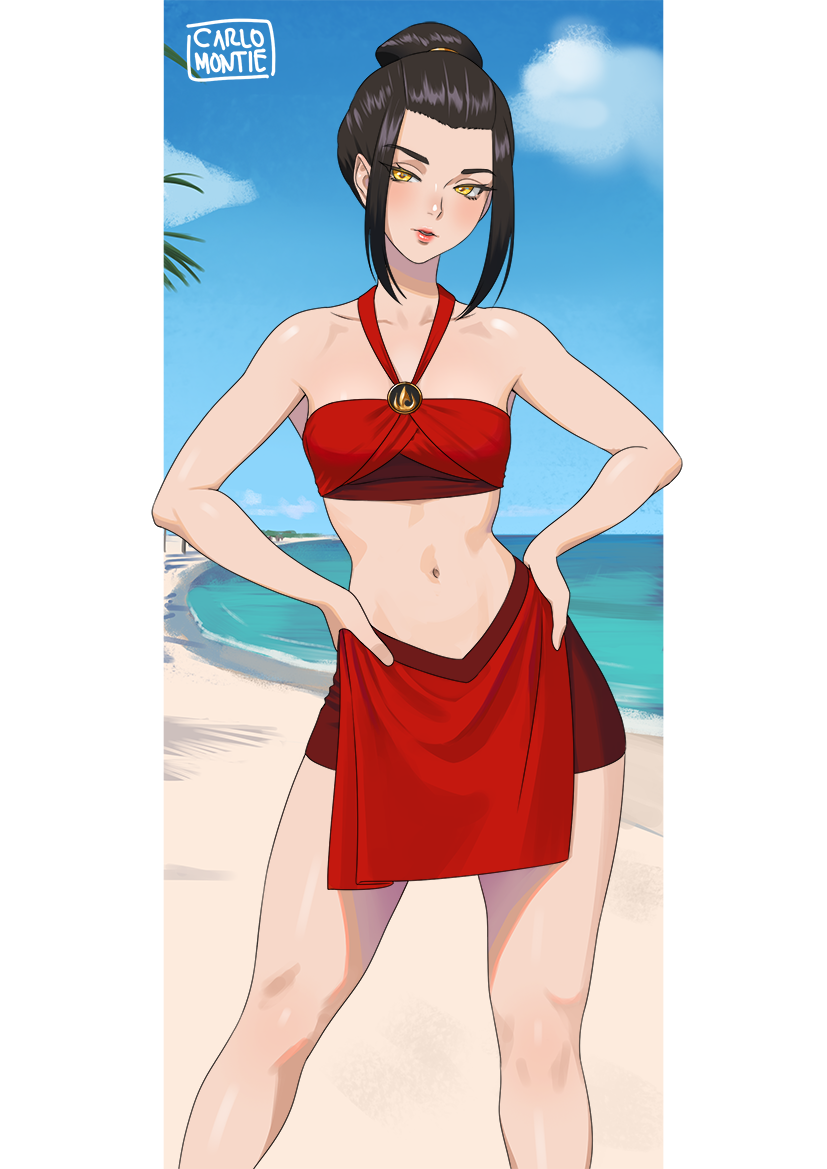 1girl artist_name avatar:_the_last_airbender avatar_(series) azula beach bikini black_hair blush breasts carlo_montie clouds collarbone day english_commentary eyebrows_visible_through_hair eyelashes feet_out_of_frame forehead halterneck hands_on_hips legs lipstick looking_at_viewer makeup medium_breasts medium_hair navel ocean outdoors palm_tree parted_lips pink_lips red_bikini shadow sidelocks solo standing stomach swimsuit thighs topknot tree yellow_eyes