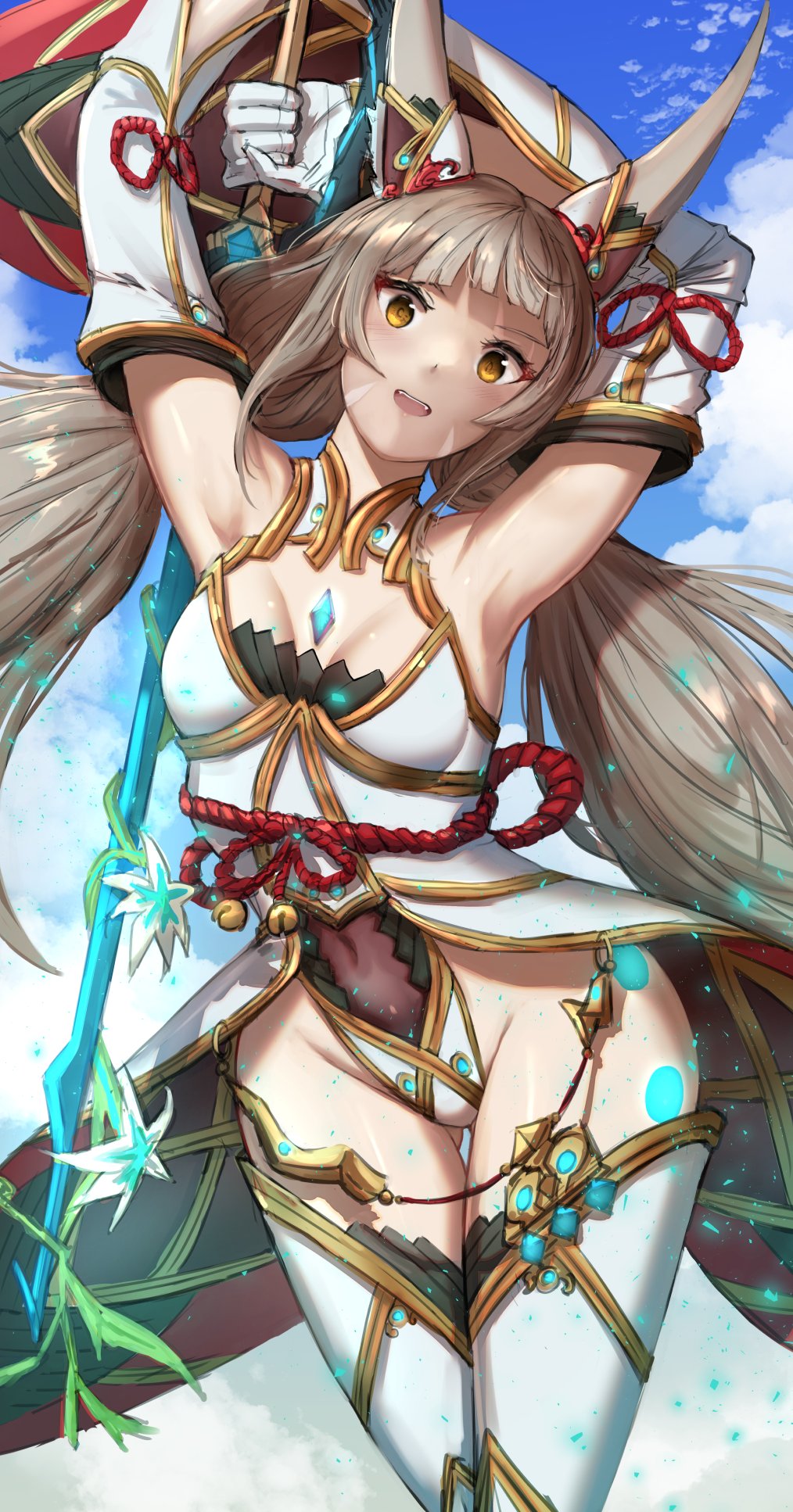 1girl animal_ears armpits arms_behind_head arms_up bangs bare_shoulders blue_sky blush breasts catalyst_scimitar chest_jewel coattails detached_sleeves elbow_gloves facial_mark gloves highleg highleg_leotard highres ippers leotard long_hair low_twintails nia_(blade)_(xenoblade) nia_(xenoblade) open_mouth silver_hair sky small_breasts solo sword thigh-highs twintails very_long_hair weapon white_gloves white_legwear xenoblade_chronicles_(series) xenoblade_chronicles_2 yellow_eyes