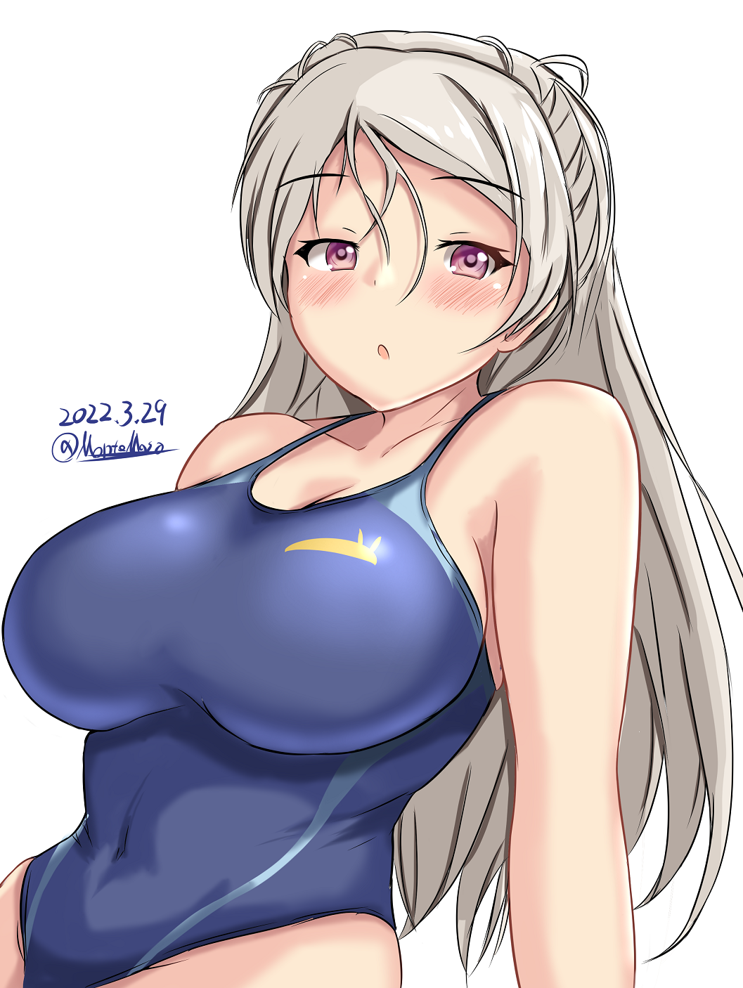 1girl blue_swimsuit blush breasts brown_eyes collarbone competition_swimsuit conte_di_cavour_(kancolle) dated eyebrows_visible_through_hair highleg highleg_swimsuit highres kantai_collection large_breasts long_hair looking_at_viewer montemasa one-piece_swimsuit open_mouth silver_hair simple_background sitting solo swimsuit twitter_username two_side_up upper_body white_background