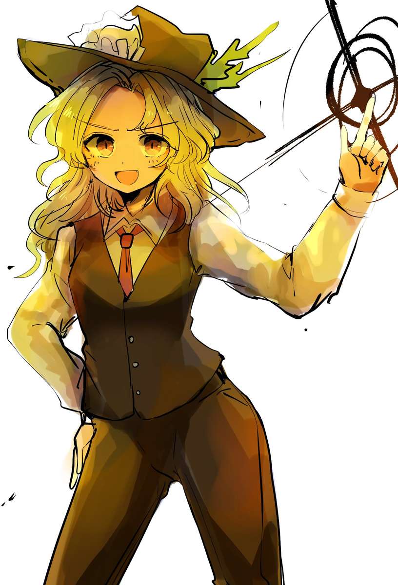 1girl bangs blonde_hair brown_headwear brown_pants brown_vest collared_shirt cowboy_shot fedora frilled_hat frills hand_on_hip hat hat_feather highres jacket_girl_(dipp) kujikimi long_hair long_sleeves necktie open_mouth pants parted_bangs pointing red_necktie shirt touhou v-shaped_eyebrows vest white_background white_shirt yellow_eyes