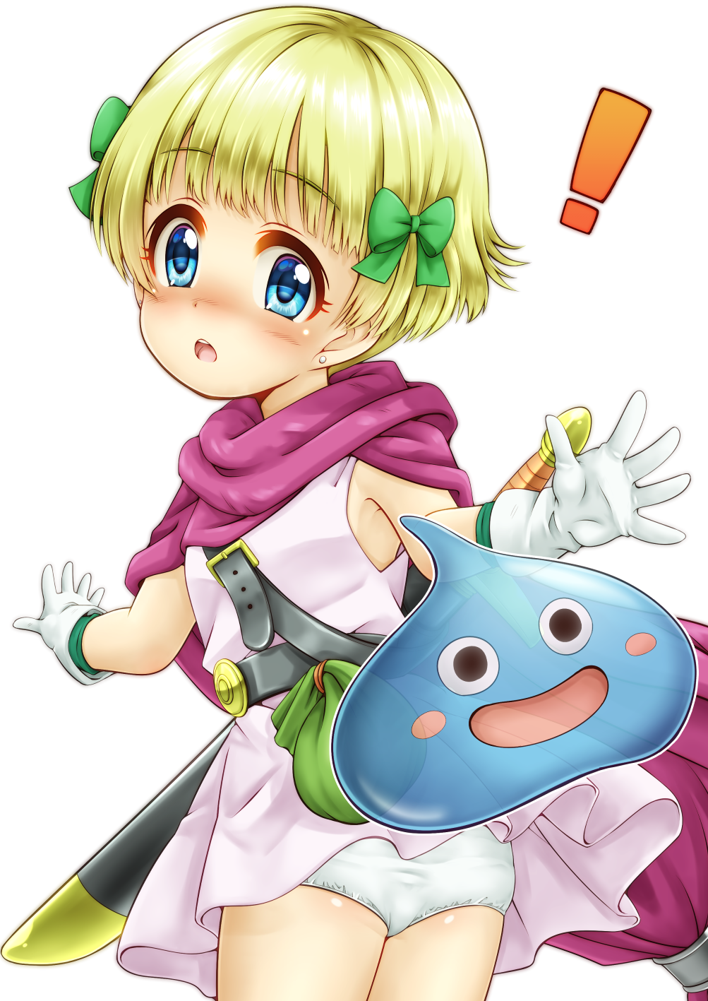 ! 1girl :d ass bangs blonde_hair blue_eyes blush blush_stickers bow commentary_request dragon_quest dragon_quest_v dress earrings eyebrows_visible_through_hair gloves green_bow hair_bow hero's_daughter_(dq5) highres jewelry open_mouth panties regular_mow sheath sheathed simple_background sleeveless sleeveless_dress slime_(dragon_quest) smile stud_earrings sword sword_behind_back teeth twisted_torso underwear upper_teeth weapon weapon_on_back white_background white_dress white_gloves white_panties