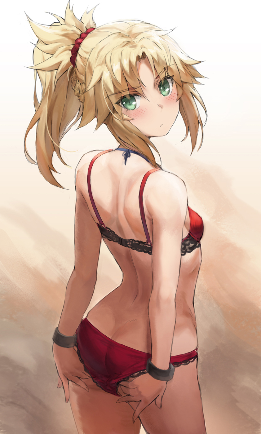 ass bangs blonde_hair blush bra braid breasts fate/apocrypha fate_(series) french_braid green_eyes highres long_hair mordred_(fate) mordred_(fate/apocrypha) panties parted_bangs ponytail red_bra red_panties red_scrunchie scrunchie sidelocks small_breasts tonee underwear