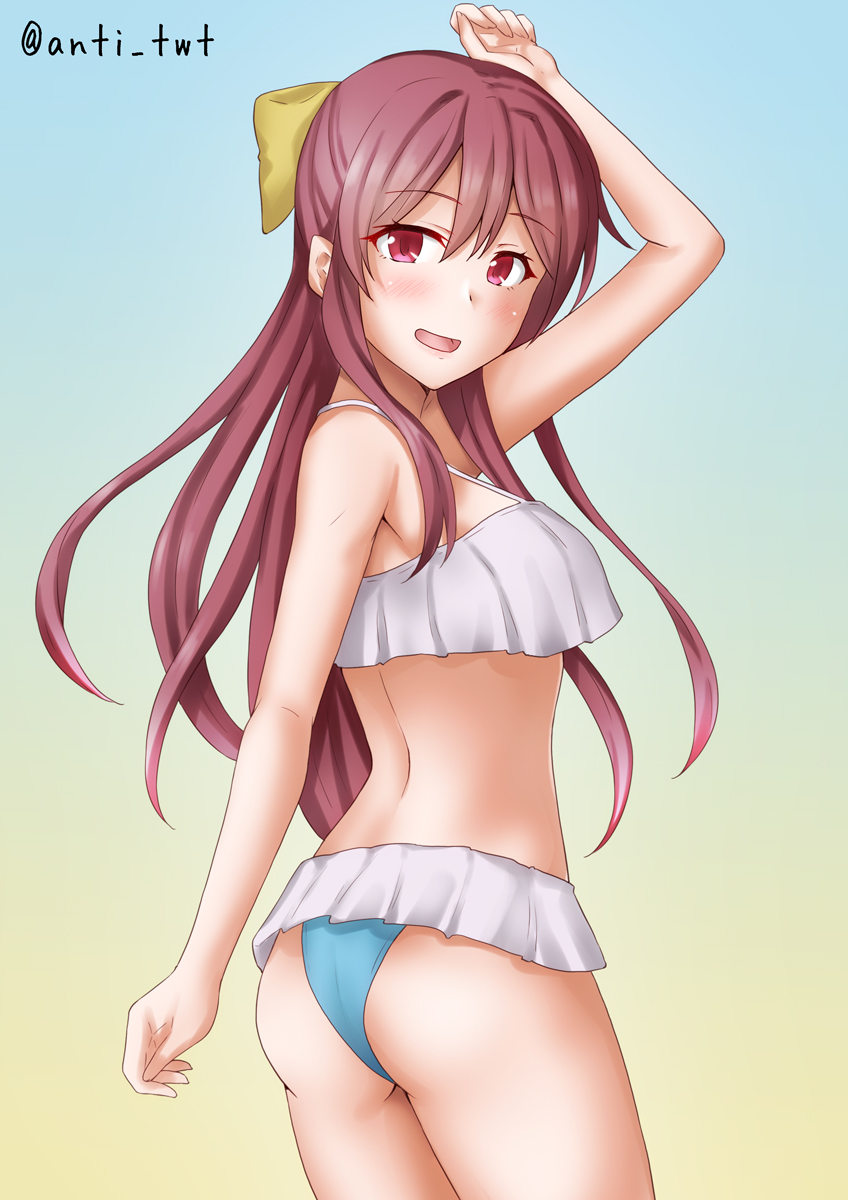 1girl alternate_costume anti_(untea9) ass back bikini bikini_skirt blue_background blue_bikini blush bow breasts eyebrows_visible_through_hair gradient gradient_background hair_between_eyes hair_bow highres kamikaze_(kancolle) kantai_collection long_hair looking_at_viewer looking_to_the_side open_mouth purple_hair ribbon small_breasts solo swimsuit two-tone_background violet_eyes white_bikini yellow_background yellow_bow yellow_ribbon