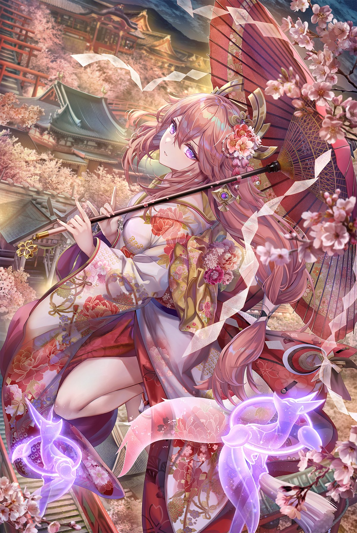 1girl animal_ears architecture bangs blush breasts cherry_blossoms double_fox_shadow_puppet earrings east_asian_architecture falling_petals floating floral_print flower fox fox_ears fox_shadow_puppet genshin_impact hair_flower hair_ornament highres holding holding_umbrella japanese_architecture japanese_clothes jewelry kimono kitsune large_breasts long_hair looking_at_viewer low-tied_long_hair oil-paper_umbrella outdoors parted_lips petals pink_hair side_slit sidelocks solo standing standing_on_one_leg thighs torino_aqua umbrella very_long_hair violet_eyes vision_(genshin_impact) white_kimono wide_sleeves yae_miko