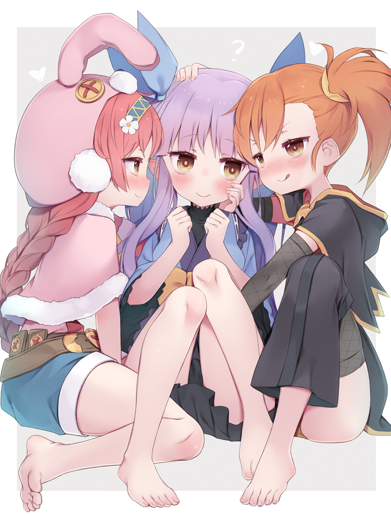 3girls :q animal_ears animal_hat arashiya barefoot belt black_capelet black_gloves black_legwear black_skirt blue_kimono blue_shorts blush braid brown_eyes capelet clenched_hands elbow_gloves elf eye_contact face-to-face fake_animal_ears feet fishnet_legwear fishnets fur_trim gloves hairband hand_on_another's_face hat hug japanese_clothes kimono knees_up kyouka_(princess_connect!) legs licking_lips long_hair looking_at_another mimi_(princess_connect!) misogi_(princess_connect!) multiple_girls naughty_face open_mouth orange_hair pink_capelet pink_hair pink_headwear pink_shirt pointy_ears princess_connect! purple_hair rabbit_ears ribbon shirt shorts side_ponytail sitting skirt smile thigh-highs thighs toes tongue tongue_out twintails very_long_hair yuri