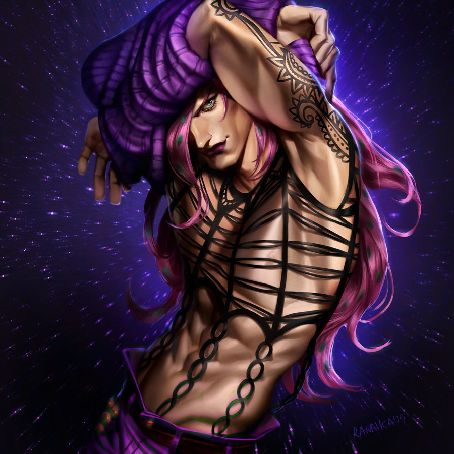 1boy abs artist_name diavolo green_eyes jojo_no_kimyou_na_bouken lipstick long_hair looking_at_viewer makeup pants pink_hair polka_dot_hair purple_pants purple_sweater rakavka solo sweater tattoo vento_aureo