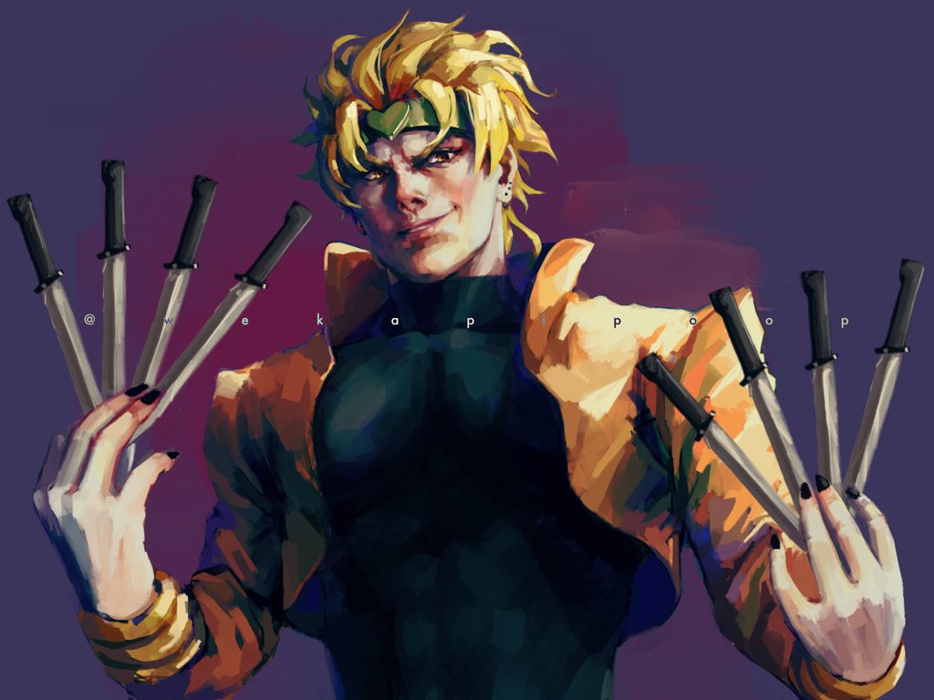 1boy artist_name black_nails black_shirt blonde_hair dio_brando holding holding_knife jacket jojo_no_kimyou_na_bouken knife knives_between_fingers long_sleeves looking_at_viewer purple_background red_eyes shirt short_hair solo stardust_crusaders vampire yellow_jacket zookhini