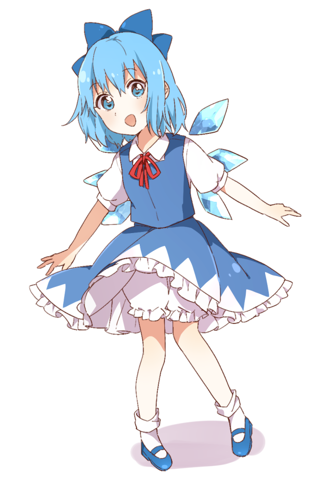 1girl bloomers blue_dress blue_eyes blue_hair bow cirno dress full_body hair_bow ice looking_at_viewer mary_janes open_mouth pigeon-toed puffy_short_sleeves puffy_sleeves sasaki_sakiko shirt shoes short_hair short_sleeves simple_background socks solo touhou underwear white_background wings