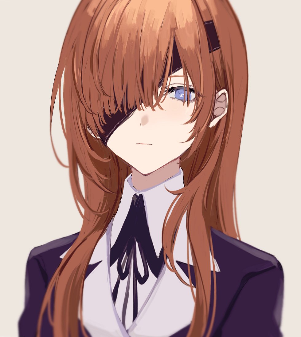 1girl bangs black_ribbon blue_eyes brown_hair closed_mouth collared_shirt commentary_request eyepatch fate/grand_order fate_(series) hair_over_one_eye light_blush long_hair long_sleeves looking_at_viewer nozz177 ophelia_phamrsolone ribbon shirt sidelocks simple_background solo upper_body