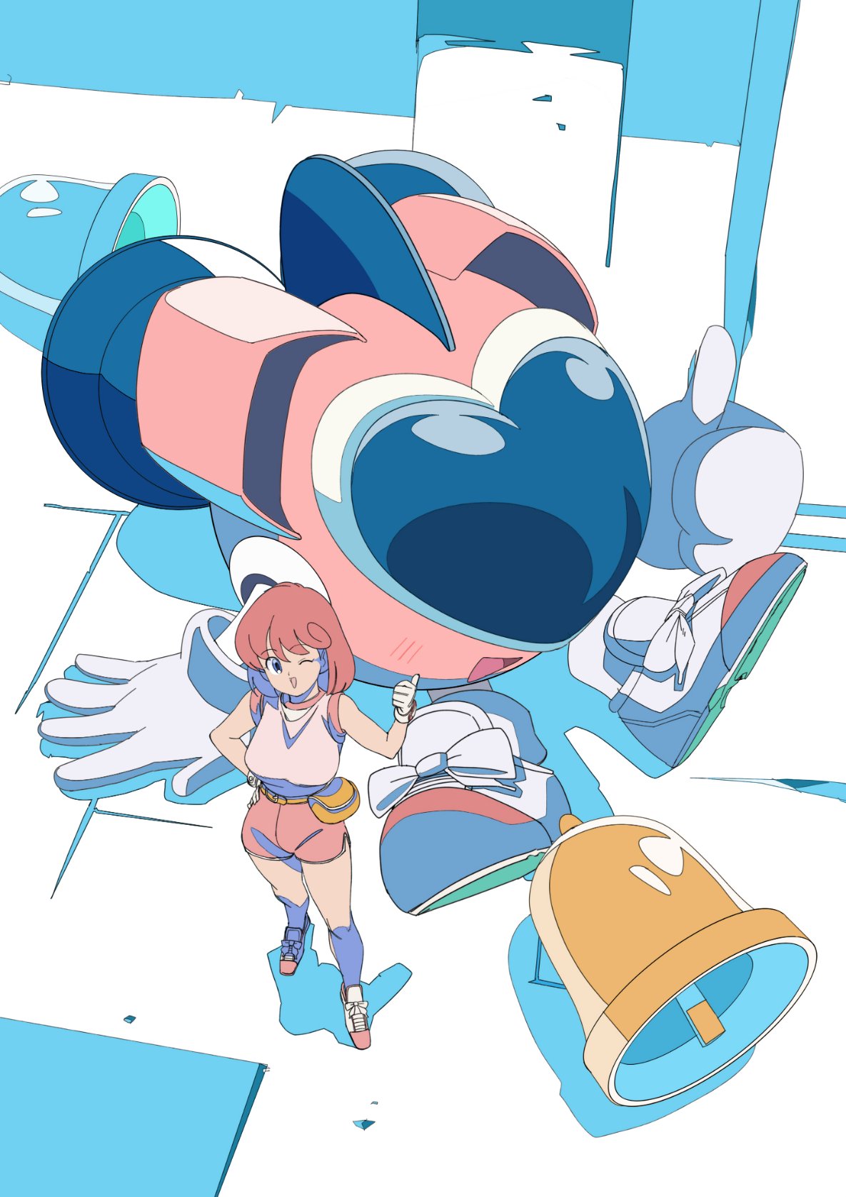1girl :d ;d bell blue_eyes edoya_inuhachi english_commentary full_body gloves hand_on_hip highres looking_at_viewer one_eye_closed open_mouth pastel_(twinbee) pink_hair redhead retro_artstyle robot shoes short_hair short_sleeves smile sneakers thumbs_up twinbee winbee