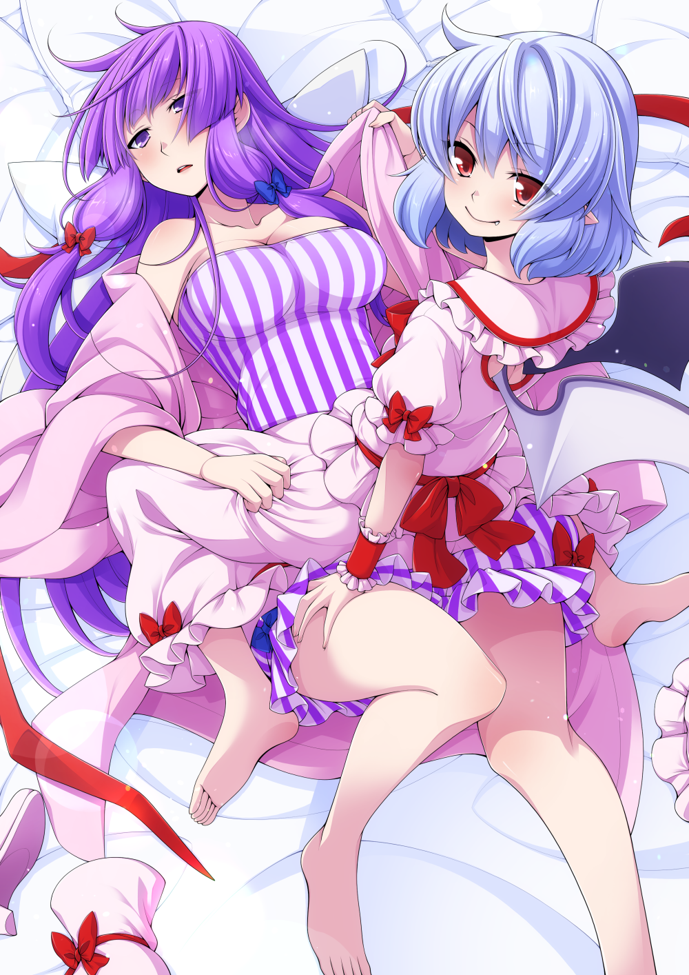2girls barefoot bat_wings coat dress eichi_yuu feet_out_of_frame frilled_dress frills highres light_blue_hair long_hair multiple_girls no_hat no_headwear open_mouth pajamas patchouli_knowledge pink_coat pink_pajamas pink_shirt pink_skirt purple_hair purple_pajamas red_eyes remilia_scarlet removing_coat removing_shoes shirt short_hair skirt smile striped striped_dress thighs toes touhou vertical-striped_dress vertical_stripes very_long_hair violet_eyes wings