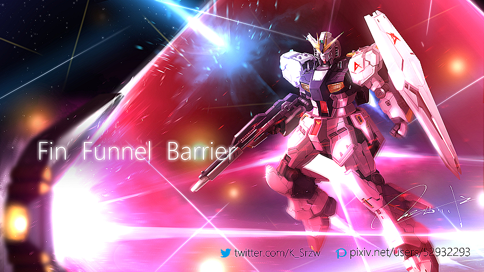 battle beam beam_rifle char's_counterattack commentary energy_barrier energy_gun energy_shield english_text fin_funnels green_eyes gundam mecha mobile_suit no_humans nu_gundam pixiv_id science_fiction serike_w shield signature solo space twitter_username v-fin weapon weapon_name