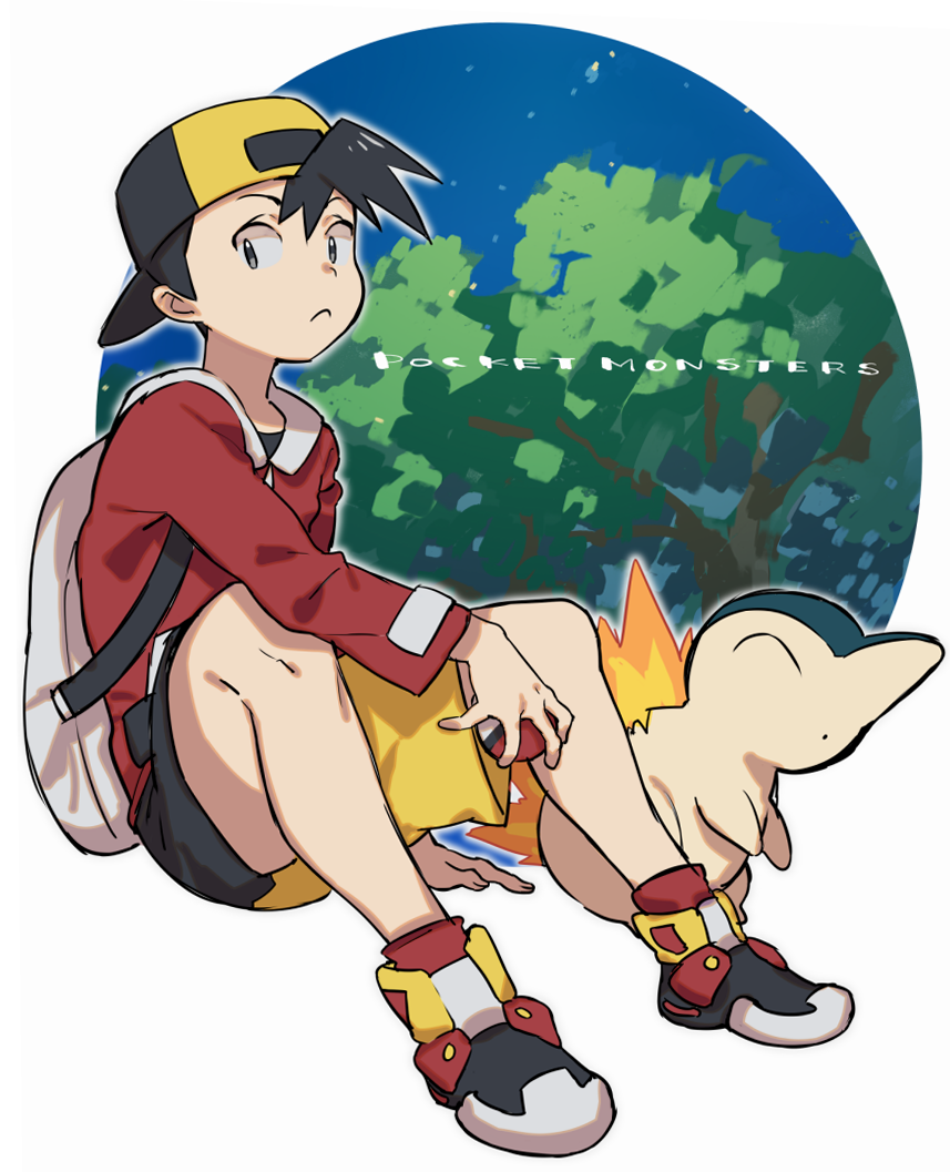 1boy arm_support backpack backwards_hat bag bangs baseball_cap black_hair black_shirt closed_mouth commentary_request copyright_name cyndaquil ethan_(pokemon) fire frown grey_eyes hat holding holding_poke_ball jacket long_sleeves looking_to_the_side male_focus poke_ball poke_ball_(basic) pokemon pokemon_(creature) pokemon_(game) pokemon_gsc red_footwear red_jacket shirt shoes short_hair shorts tetsu_(teppei) white_bag yellow_shorts