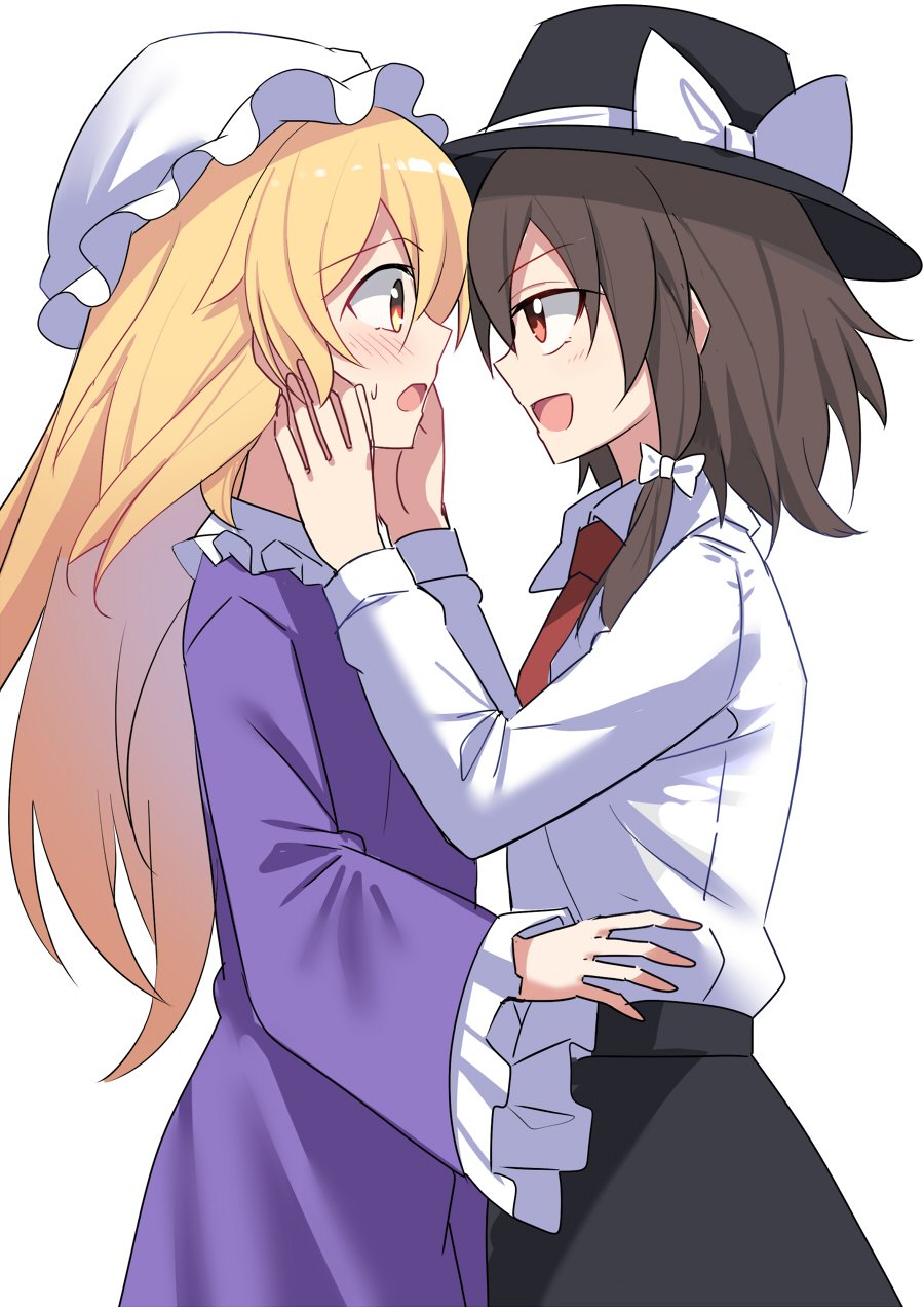 2girls bangs black_headwear black_skirt blonde_hair blush bow brown_hair collared_shirt commentary_request dress e.o. eyebrows_visible_through_hair frills hair_between_eyes hair_bow hands_on_another's_face hands_up hat hat_bow highres long_hair long_sleeves looking_at_another maribel_hearn mob_cap multiple_girls necktie open_mouth purple_dress red_eyes red_necktie shirt short_hair simple_background skirt smile standing tongue touhou usami_renko white_background white_bow white_headwear white_shirt wide_sleeves yellow_eyes yuri