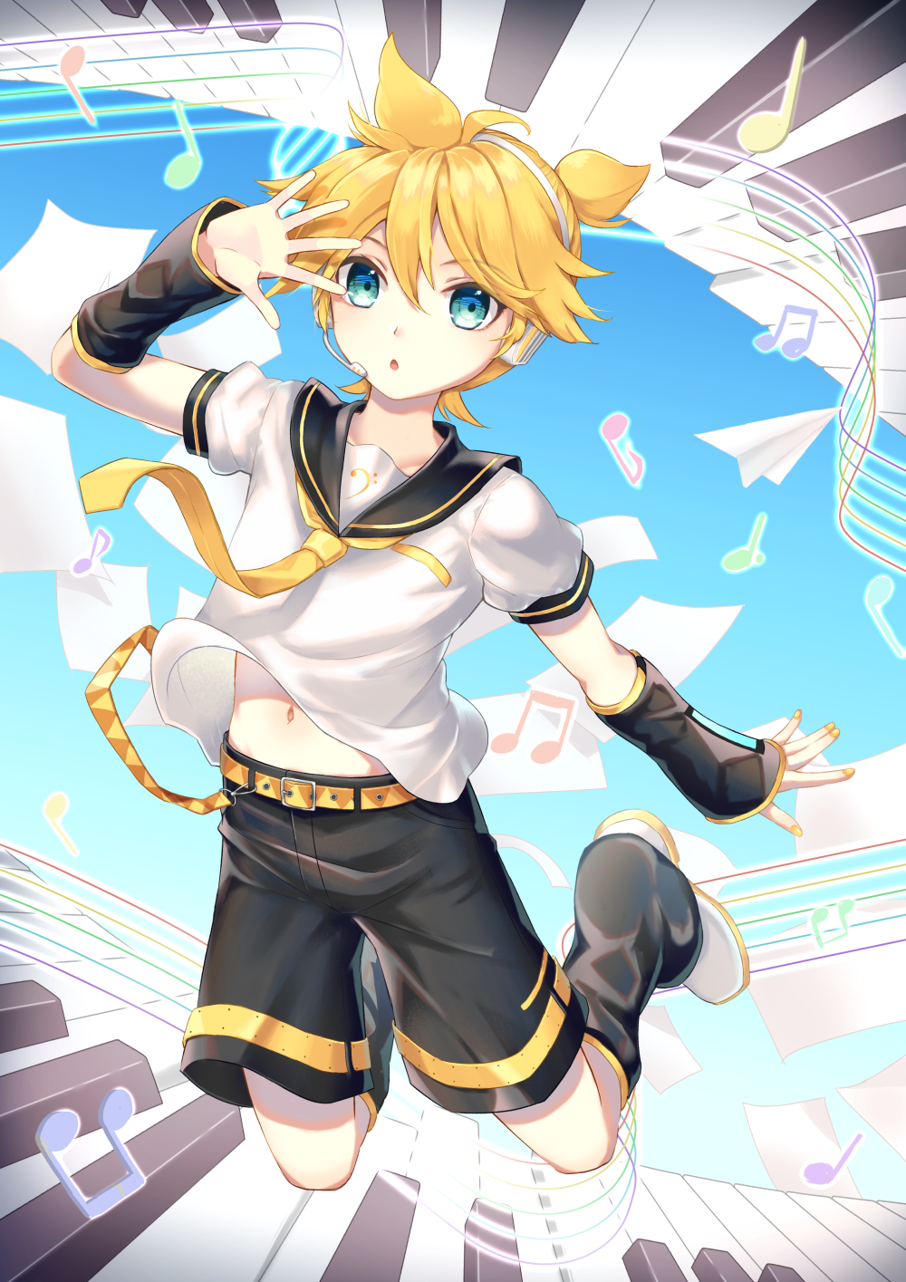 1boy aroeruji3 bass_clef blonde_hair blue_eyes detached_sleeves headset highres kagamine_len leg_warmers looking_at_viewer male_focus midriff midriff_peek musical_note navel necktie open_mouth paper paper_airplane piano_keys sailor_collar shorts sky solo staff_(music) vocaloid yellow_belt yellow_necktie