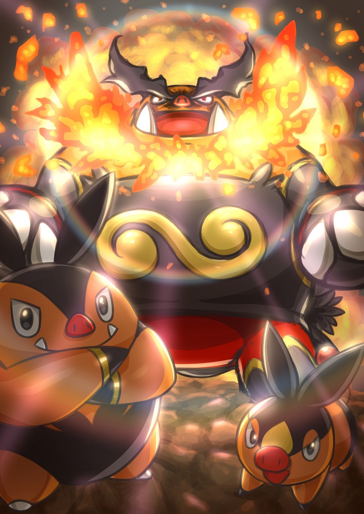 black_eyes claws closed_mouth commentary_request crossed_arms emboar evolutionary_line fangs fangs_out fire looking_at_viewer no_humans open_mouth pignite plust-suke pokemon pokemon_(creature) red_eyes smile standing tepig tongue tusks