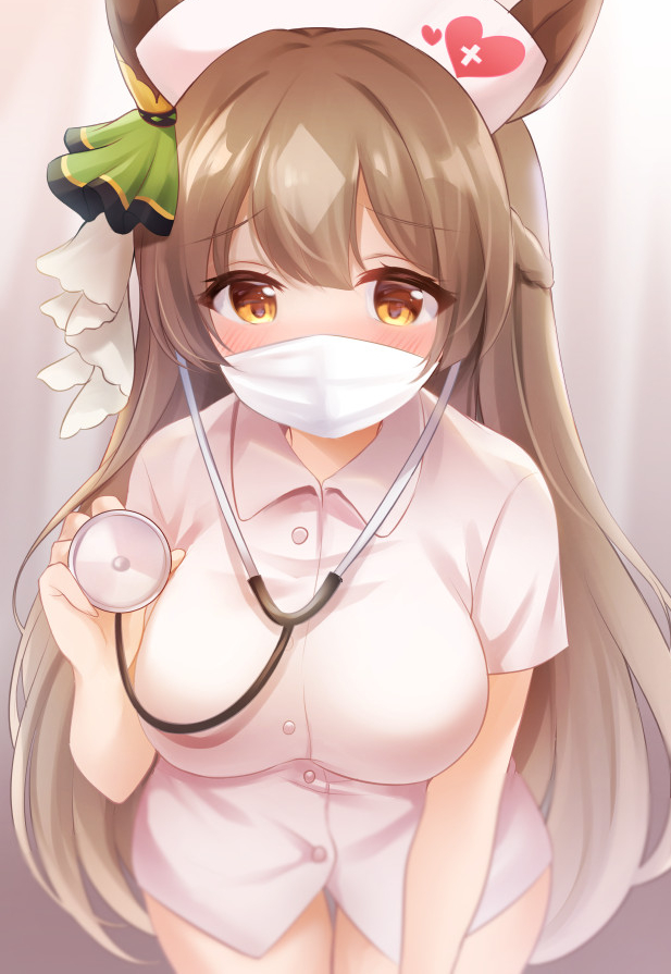 1girl animal_ears blush breasts brown_eyes brown_hair commentary_request eyebrows_visible_through_hair hat heart heart_print horse_ears horse_girl large_breasts leaning_forward long_hair looking_at_viewer mask mouth_mask nikoo nurse nurse_cap satono_diamond_(umamusume) solo stethoscope thigh_gap umamusume