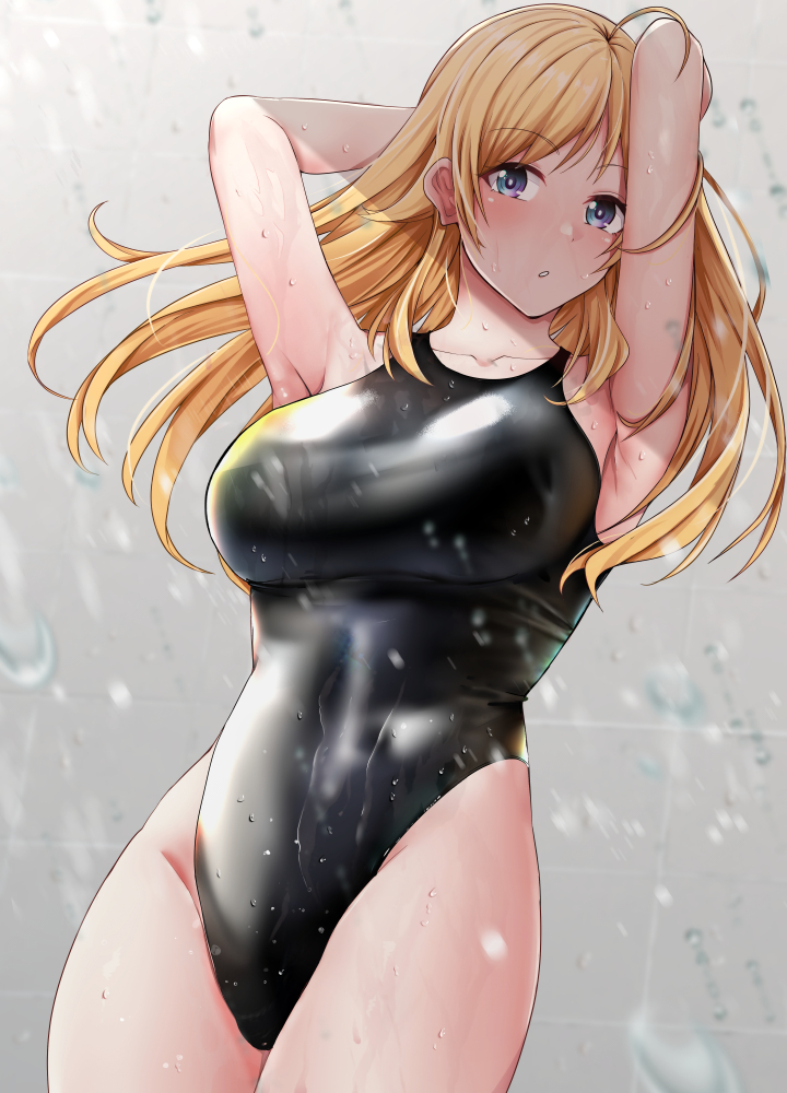 1girl ahoge armpits arms_behind_head black_swimsuit blonde_hair blue_eyes breasts collarbone commentary_request competition_swimsuit cowboy_shot hachimiya_meguru highleg highleg_swimsuit idolmaster idolmaster_shiny_colors large_breasts one-piece_swimsuit shohei_(piranha5hk) solo swimsuit wet wet_clothes wet_swimsuit