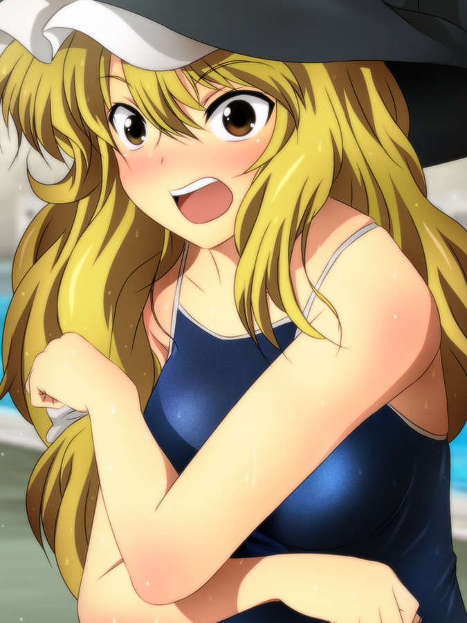 1girl blonde_hair blue_swimsuit blush breasts commentary_request covering covering_breasts embarrassed hat kirisame_marisa long_hair medium_breasts nervous nose_blush one-piece_swimsuit open_mouth school_swimsuit swimsuit teeth touhou upper_teeth very_long_hair witch_hat yadokari_genpachirou yellow_eyes
