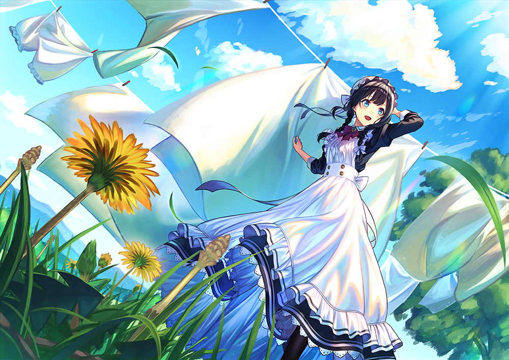 1girl :d apron arm_up black_dress black_hair black_legwear blanket bloomers blue_eyes blue_sky bow bowtie braid bud clothes_removed clothesline clouds day dress drying drying_clothes dutch_angle feet_out_of_frame flower frilled_apron frills grass hair_bow hand_on_headwear hat juliet_sleeves lace-trimmed_dress lace_trim laundry leaf long_hair long_sleeves looking_away looking_to_the_side maid maid_apron mob_cap mountainous_horizon nature original outdoors pantyhose puffy_sleeves red_bow red_bowtie ribbon scenery sheet_grab sky smile standing twin_braids underwear unowen white_bow wind yellow_flower