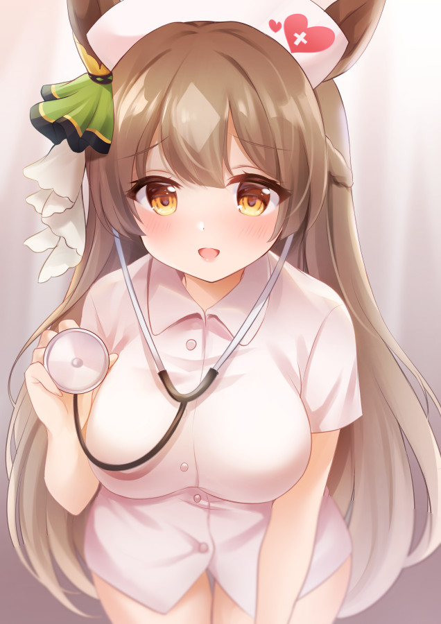 1girl animal_ears blush breasts brown_eyes brown_hair commentary_request eyebrows_visible_through_hair hat heart heart_print horse_ears horse_girl large_breasts leaning_forward long_hair looking_at_viewer nikoo nurse nurse_cap open_mouth satono_diamond_(umamusume) solo stethoscope thigh_gap umamusume