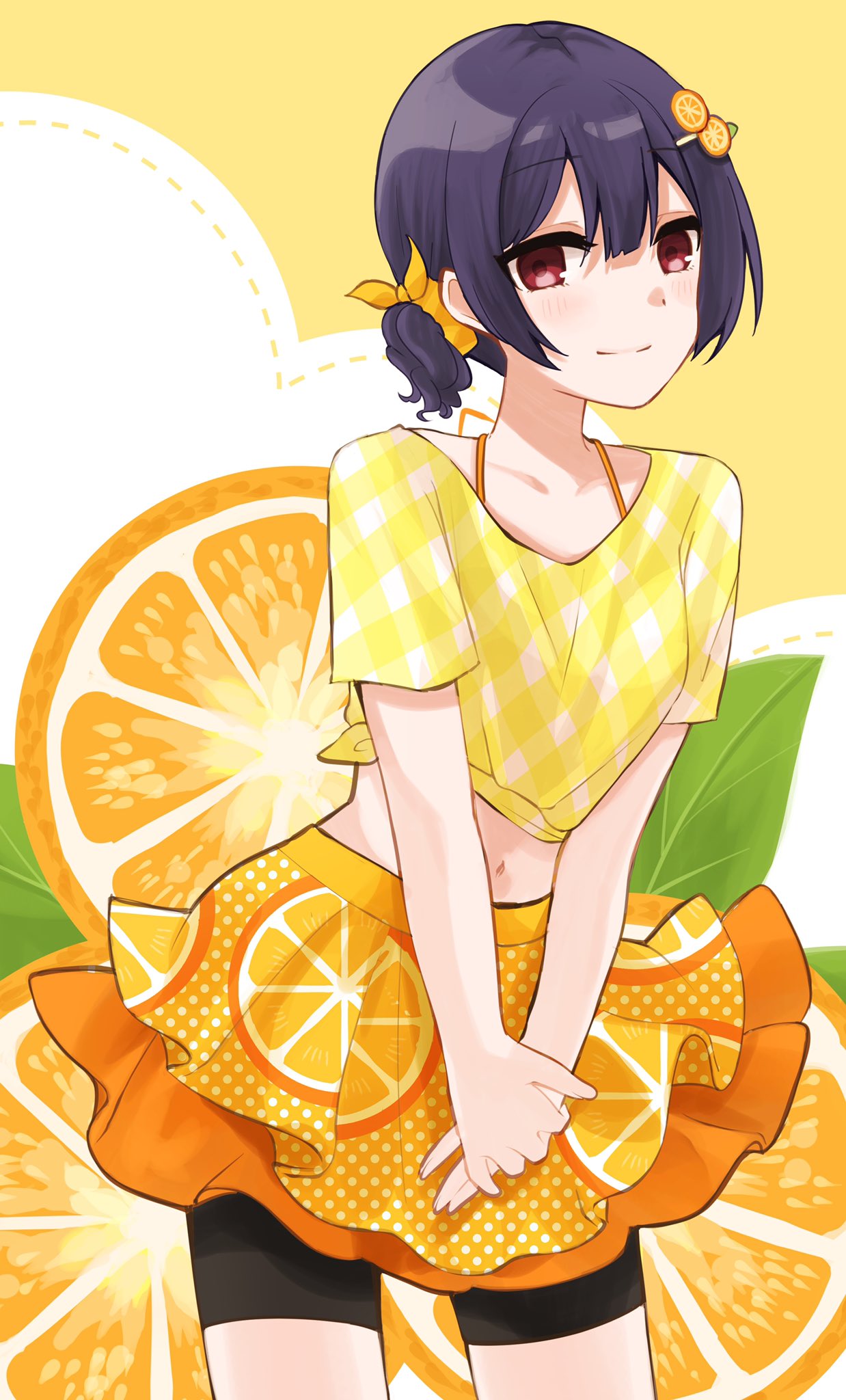 19_okeke bangs bike_shorts black_hair black_shorts blush breasts commentary_request dot_nose eyebrows_visible_through_hair food food-themed_hair_ornament fruit hair_ornament hair_ribbon hairclip highres idolmaster idolmaster_shiny_colors looking_at_viewer midriff morino_rinze navel orange_(fruit) orange_background orange_hair_ornament orange_print orange_skirt polka_dot_skirt print_skirt red_eyes ribbon shirt short_hair short_twintails shorts skirt small_breasts smile solo tied_shirt twintails v_arms yellow_shirt