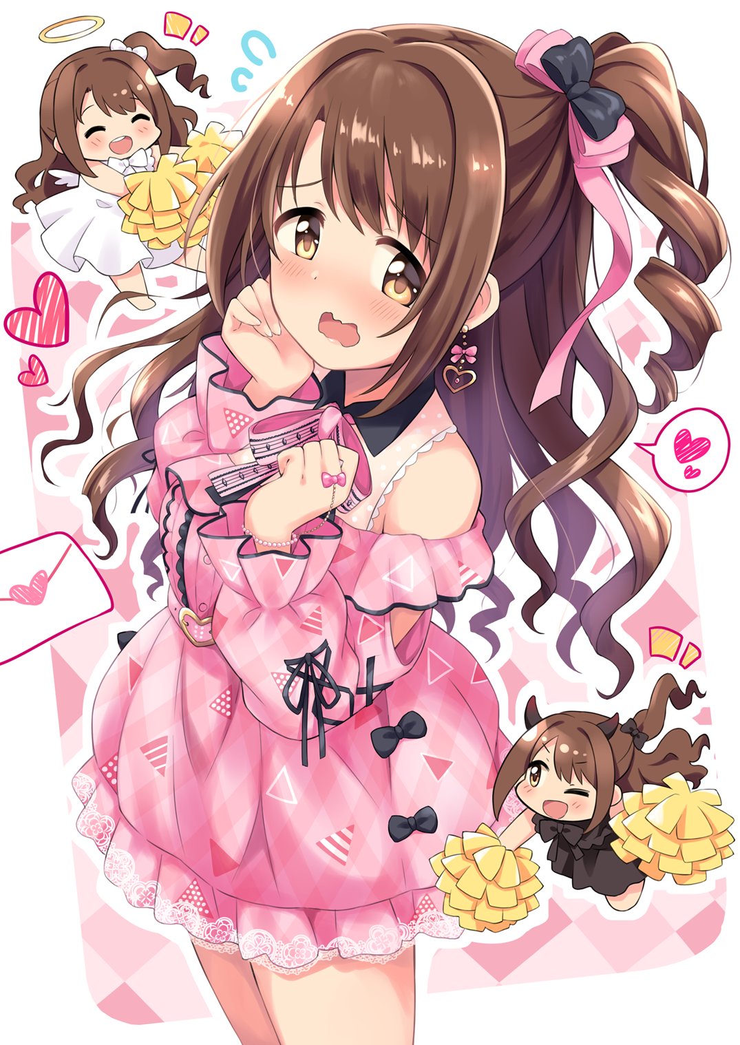 angel_and_devil bangs black_dress blush bow bowtie breasts brown_eyes brown_hair clenched_hands closed_eyes collared_dress commentary_request dekosuke demon_horns dress earrings eyebrows_visible_through_hair frills hair_bow hair_ribbon halo hands_up heart heart_earrings highres horns idolmaster idolmaster_cinderella_girls idolmaster_cinderella_girls_starlight_stage jewelry long_hair long_sleeves looking_at_another love_letter medium_breasts minigirl multiple_persona one_eye_closed open_mouth pink_background pink_bow pink_dress pom_pom_(cheerleading) ribbon shimamura_uzuki side_ponytail sideways_glance strapless strapless_dress teeth thighs upper_teeth wavy_hair wavy_mouth white_dress