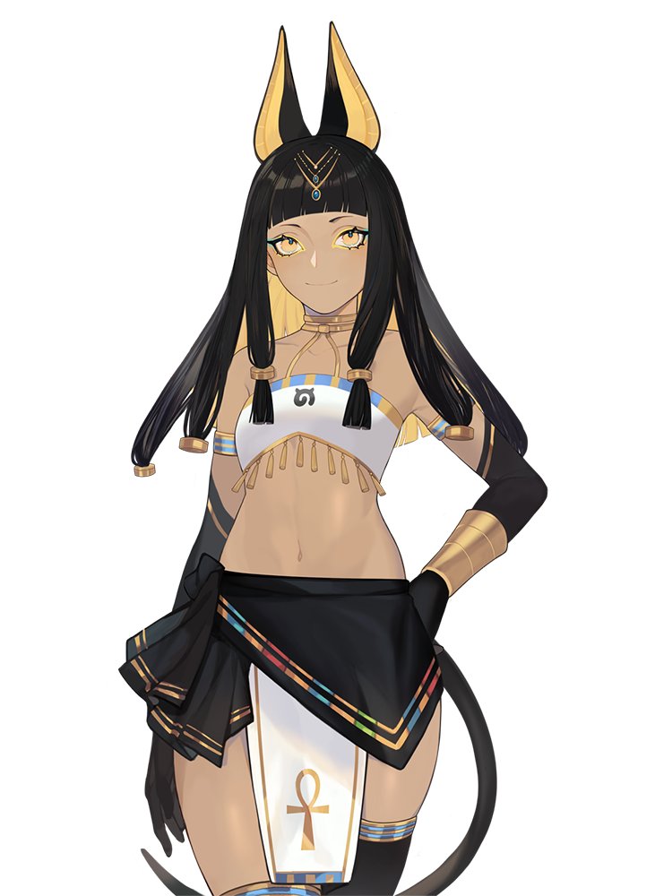 1girl animal_ears anubis_(kemono_friends)_(saika_ryougi) arm_at_side armlet bangs black_hair blunt_bangs bracer closed_mouth egyptian_clothes elbow_gloves english_commentary gloves halterneck hand_on_hip jackal_ears jackal_tail jewelry kemono_friends long_hair navel original saika_ryougi second-party_source simple_background skirt smile solo stomach strapless tail tan tiara tube_top white_background yellow_eyes