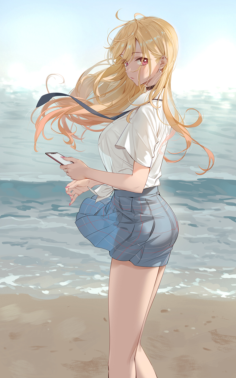 1girl bangs beach blonde_hair blue_skirt blush breasts cellphone collared_shirt commentary dress_shirt ear_piercing earrings highres jewelry kitagawa_marin large_breasts long_hair long_sleeves looking_at_viewer necktie phone piercing pleated_skirt red_eyes shirt shore skirt sleeves_rolled_up solo sono_bisque_doll_wa_koi_wo_suru thighs white_shirt yd_(orange_maru)