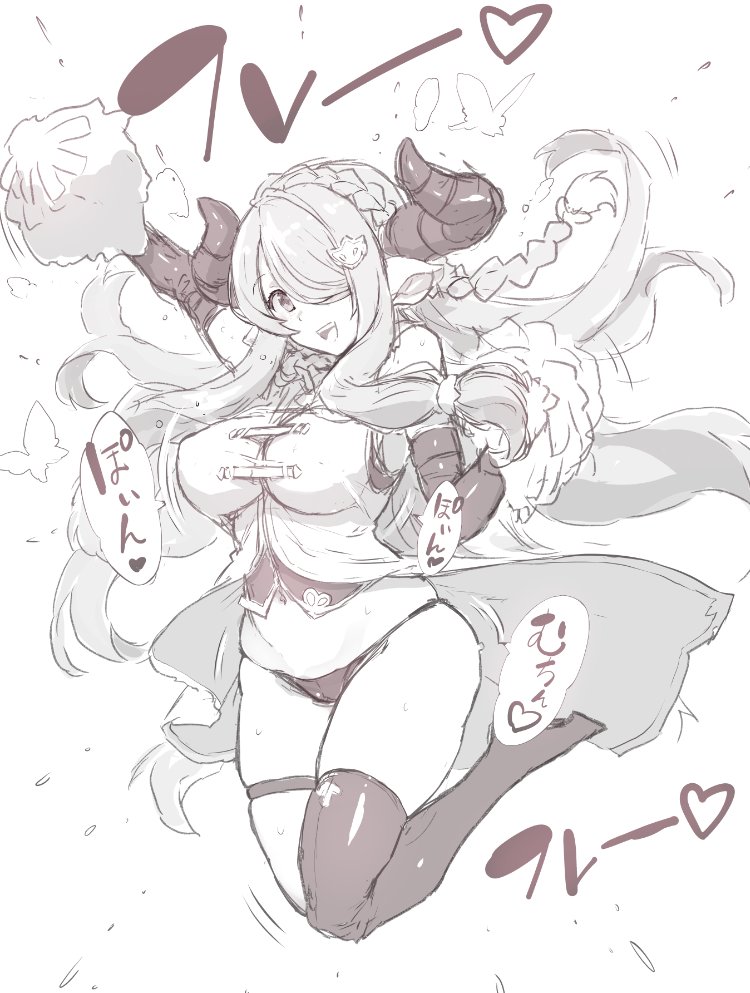 1girl asymmetrical_gloves black_footwear black_gloves black_legwear bottomless braid breasts cheering demon_horns draph gloves granblue_fantasy greyscale hair_over_one_eye high_heels himukai_kyousuke holding holding_pom_poms horns large_breasts long_hair looking_at_viewer low_tied_hair monochrome narmaya_(granblue_fantasy) pointy_ears pom_pom_(cheerleading) single_braid single_thighhigh skindentation sleeveless solo thigh-highs thigh_strap uneven_gloves