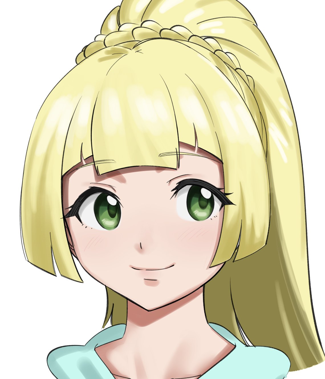 1girl bangs blonde_hair blunt_bangs blush braid closed_mouth collarbone commentary_request eyebrows_visible_through_hair eyelashes green_eyes high_ponytail highres lillie_(pokemon) long_hair makino_harumaki pokemon pokemon_(game) pokemon_sm portrait sideways_glance simple_background smile solo white_background