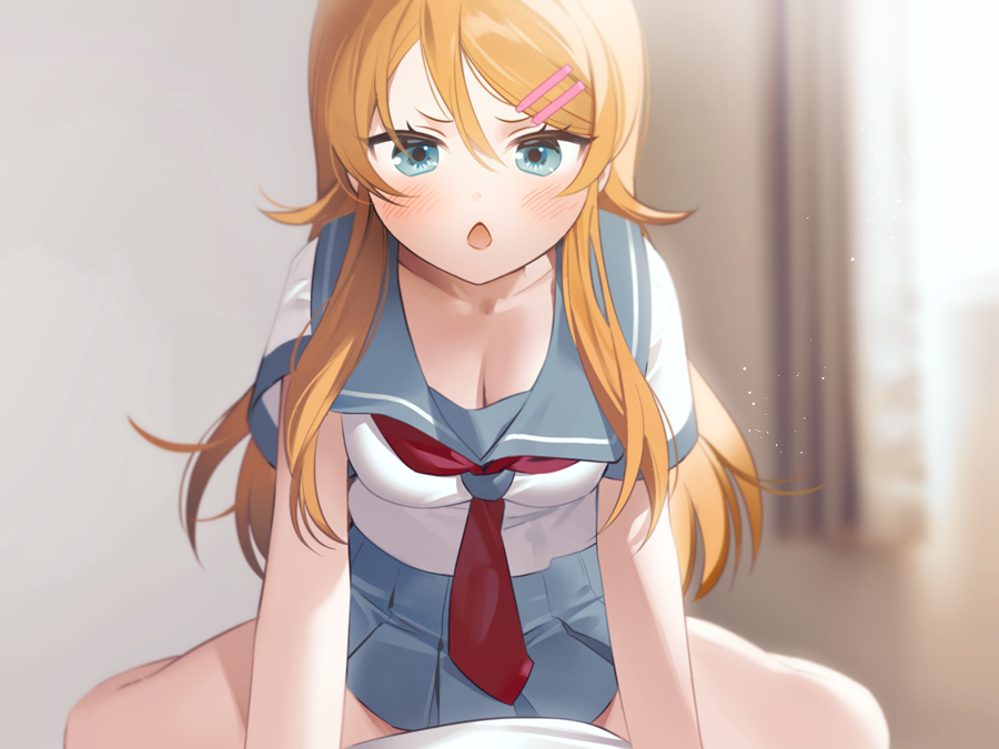 1girl aqua_eyes blush hair_ornament hairclip kousaka_kirino long_hair mannermana open_mouth orange_hair ore_no_imouto_ga_konna_ni_kawaii_wake_ga_nai school_uniform shiny shiny_hair sitting sitting_on_person skirt