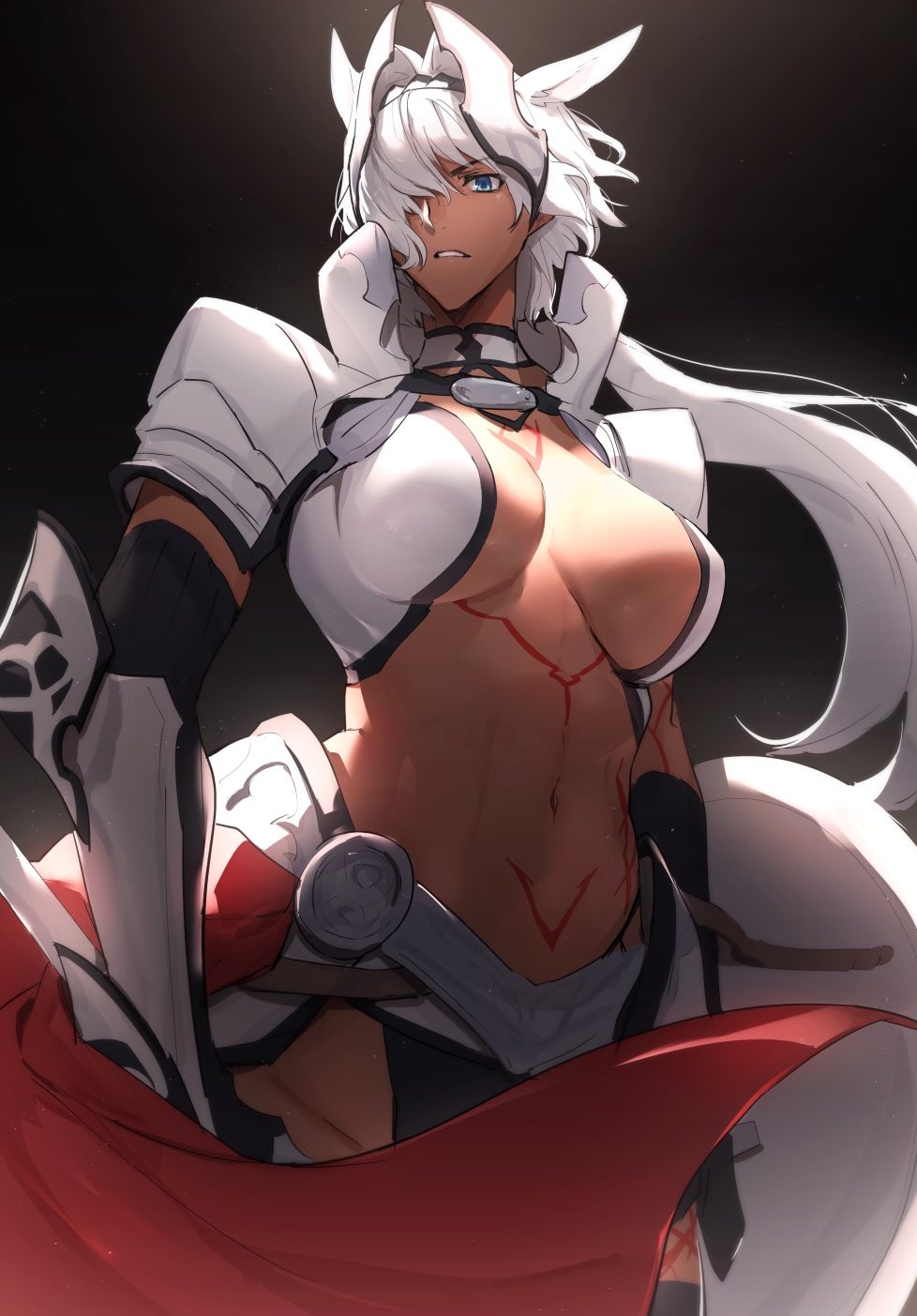 1girl armor blue_eyes body_markings breasts caenis_(fate) dark-skinned_female dark_skin fate/grand_order fate_(series) hair_intakes headgear highres large_breasts long_hair ponytail revealing_clothes sabamori solo white_hair