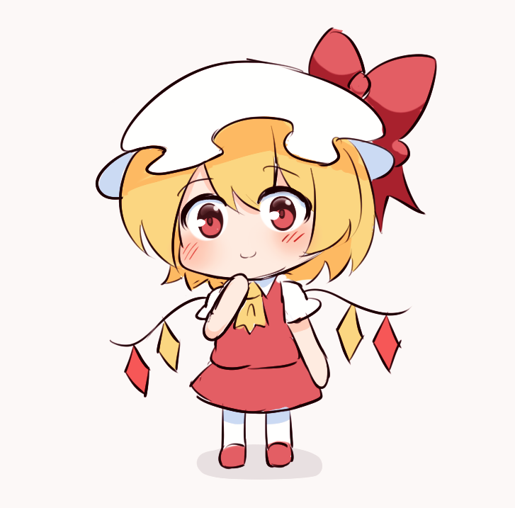 1girl ascot bangs blonde_hair blush bow chibi closed_mouth collared_shirt crystal dress english_commentary eyebrows_visible_through_hair ferdy's_lab flandre_scarlet full_body hair_between_eyes hand_on_own_face hand_up hat hat_bow jewelry looking_at_viewer mob_cap pantyhose puffy_short_sleeves puffy_sleeves red_bow red_dress red_eyes red_footwear shadow shirt shoes short_hair short_sleeves simple_background smile solo standing touhou white_background white_headwear white_legwear white_shirt wings yellow_ascot
