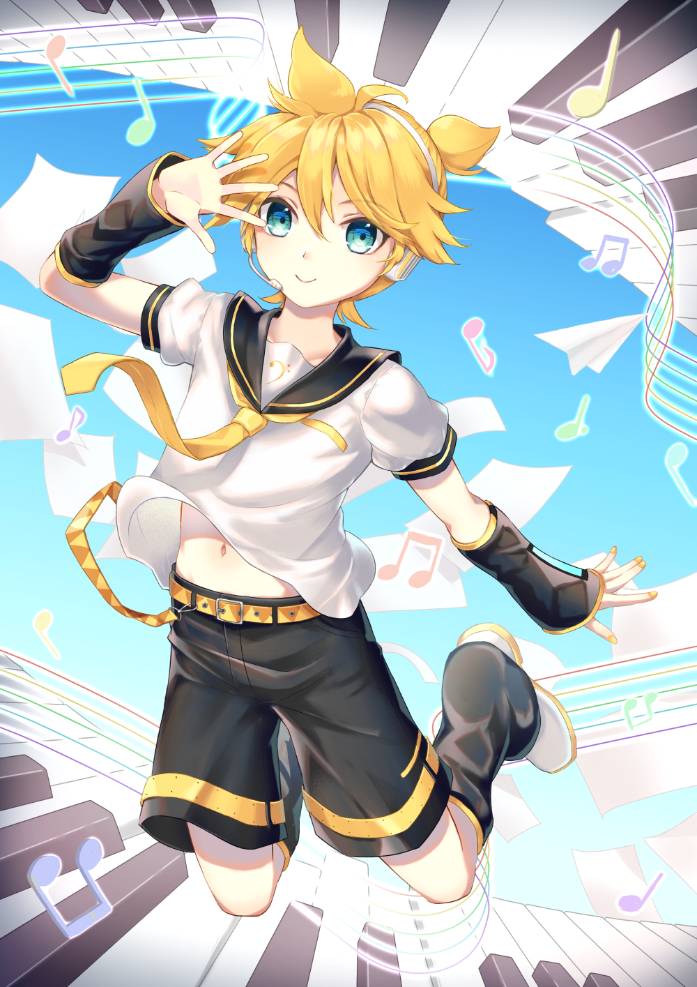 1boy aroeruji3 bass_clef blonde_hair blue_eyes detached_sleeves headset highres kagamine_len leg_warmers looking_at_viewer male_focus midriff midriff_peek musical_note navel necktie paper paper_airplane piano_keys sailor_collar shorts sky smile solo staff_(music) vocaloid yellow_belt yellow_necktie