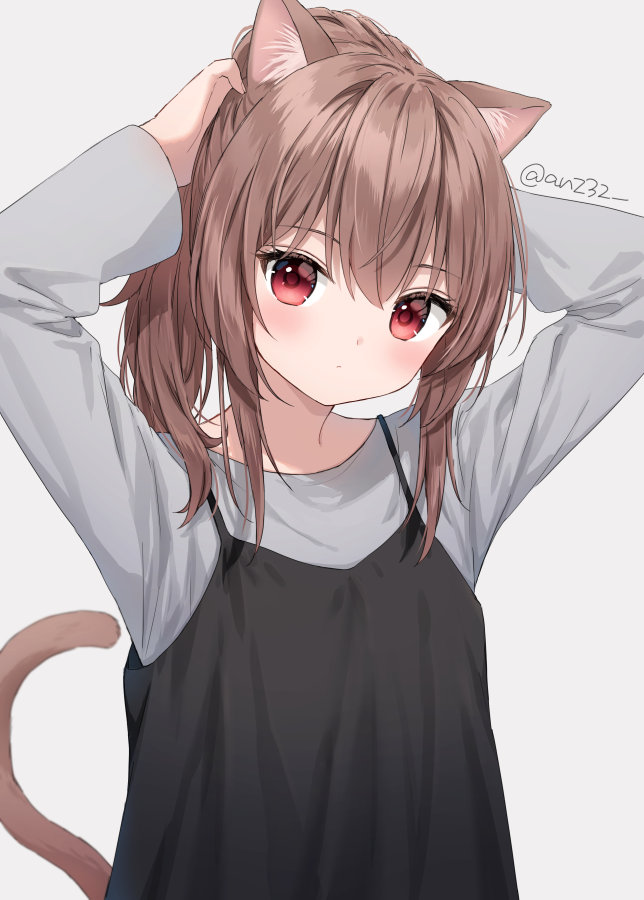 1girl adjusting_hair animal_ears anz32 brown_hair camisole camisole_over_clothes cat_ears cat_girl cat_tail expressionless long_sleeves looking_at_viewer medium_hair original red_eyes shirt tail
