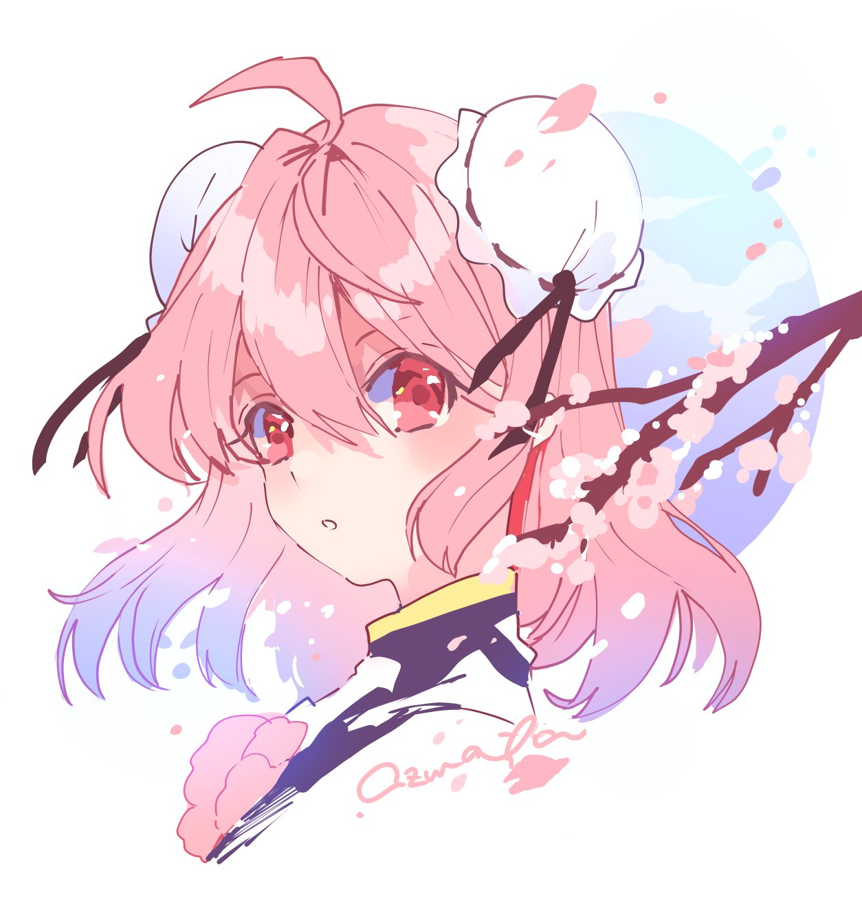 1girl ahoge azuma_aya bangs branch cherry_blossoms double_bun eyelashes falling_petals gold_trim hair_between_eyes highres ibaraki_kasen open_mouth petals pink_eyes pink_hair portrait shiny shiny_hair short_hair signature simple_background solo symbol-only_commentary touhou white_background