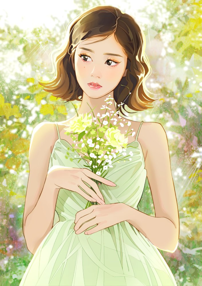 black_eyes blush brown_hair dress eyeshadow flower green_dress green_flower head_tilt holding holding_flower j_(stayc) k-pop makeup mole mole_under_eye parted_lips pink_eyeshadow plant real_life short_hair soorin stayc upper_body